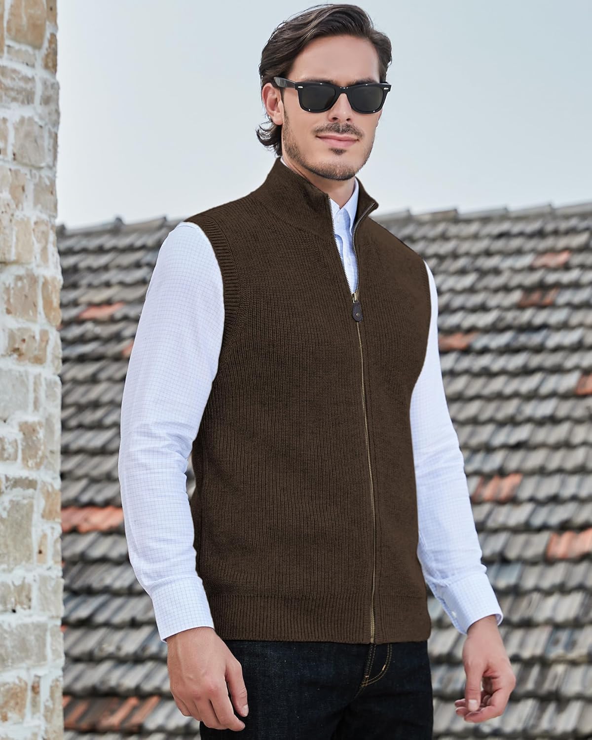 Kallspin Men's Wool Blend Sweater Cardigan Sleeveless Full Zip Cardigan Knit Classic Warm Wool Vest Sweater - Image 3