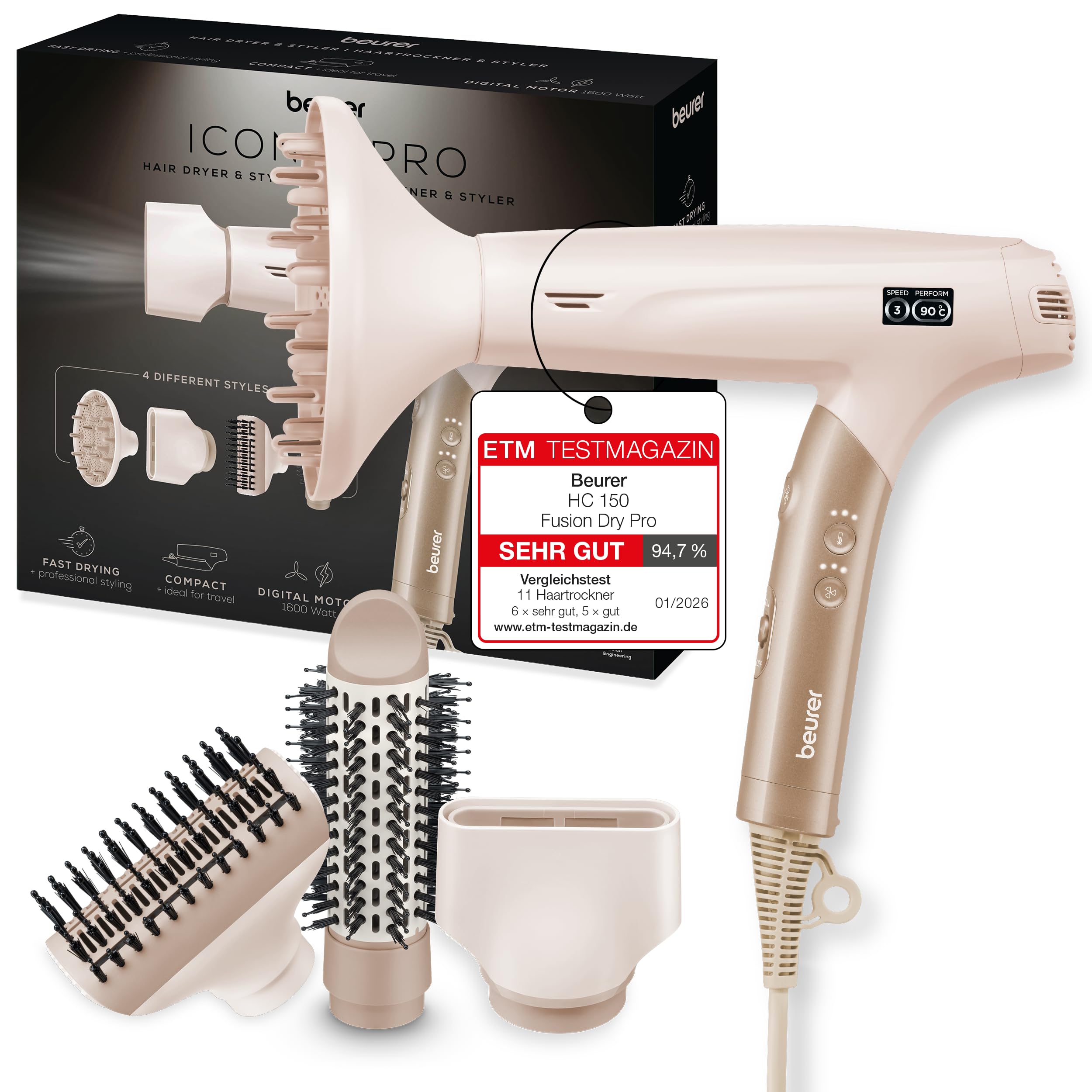 Beurer HC 150 FusionDry Pro Haartrockner, ultraleichter Föhn mit kraftvollem Digitalmotor, ergonomischer Klappgriff ideal für Reisen, Ionenfunktion für glänzendes Haar, inkl. 4 Styling-Aufsätzen