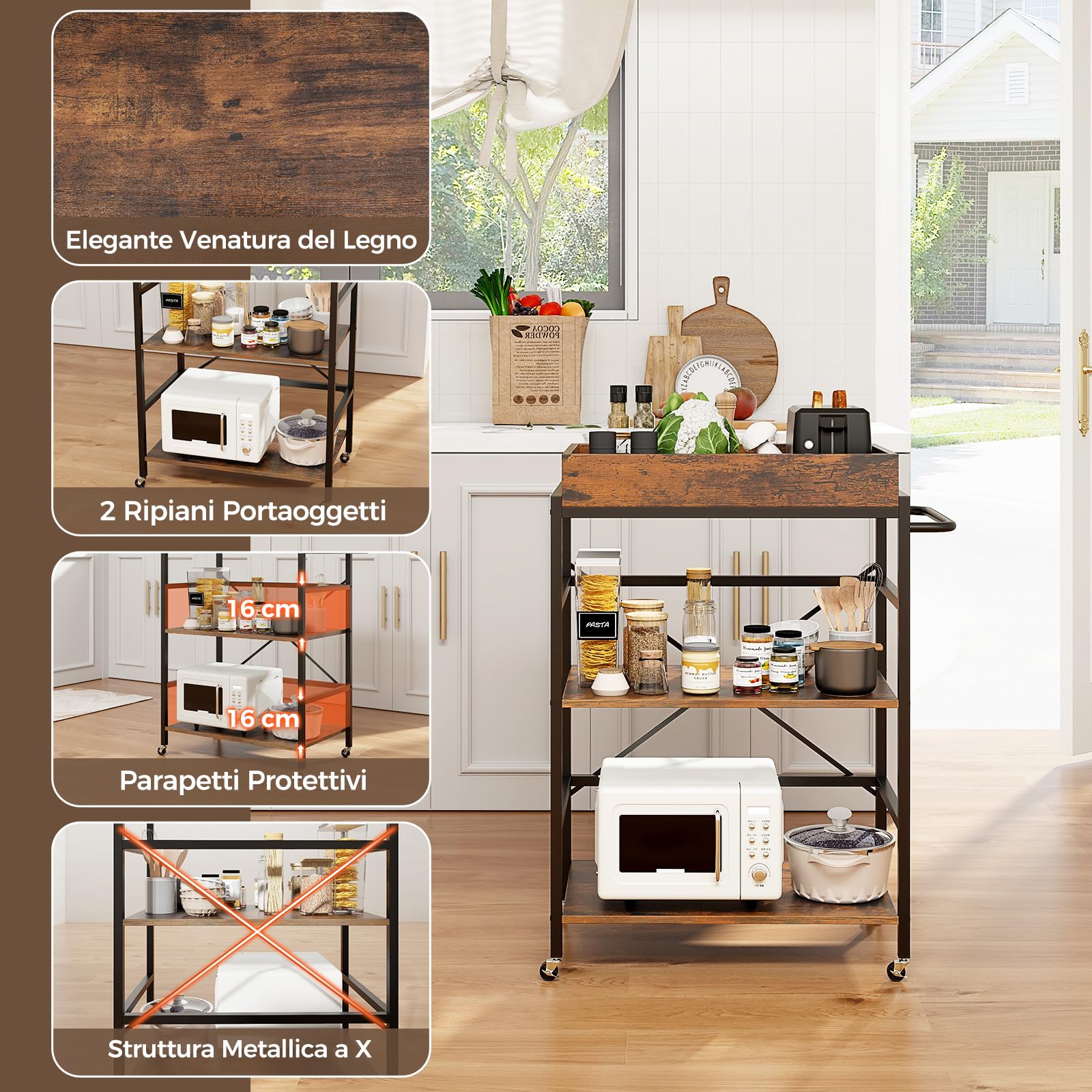 COSTWAY Carrello da Bar a 3 Ripiani, Carrello da Servizio Industriale con Vassoio Rimovibile, 4 Ruote Bloccabili e 1 Maniglia, Carrello da Cucina con Ruote, 73 x 40 x 94 cm
