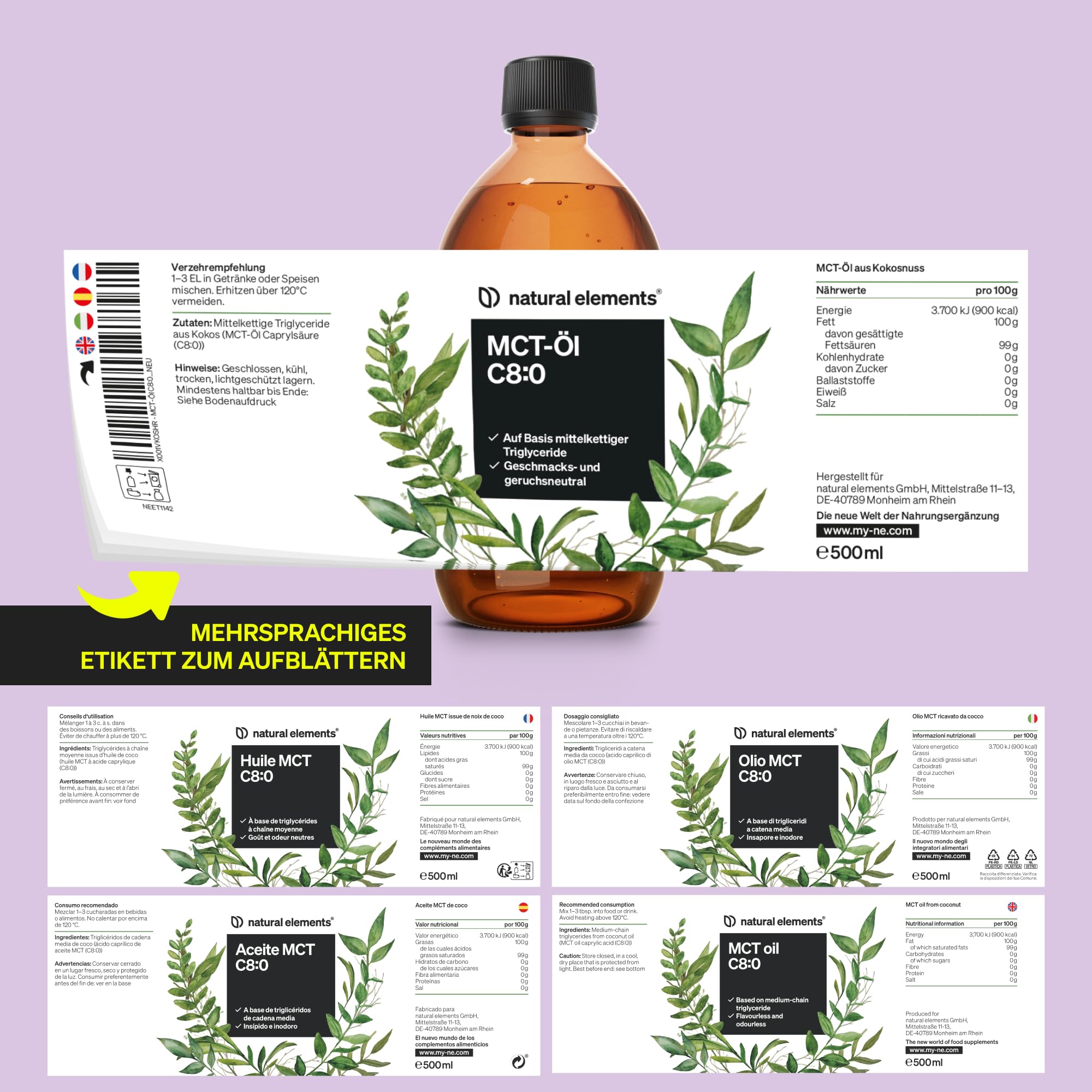 natural elements MCT-Öl C8 – 500ml für deine Keto-Diät – 100% Kokosöl – für ketogene Ernährung – geschmacks- und geruchsneutral – vegan, ohne unnötige Zusätze – exogene Ketone – laborgeprüfte Qualität