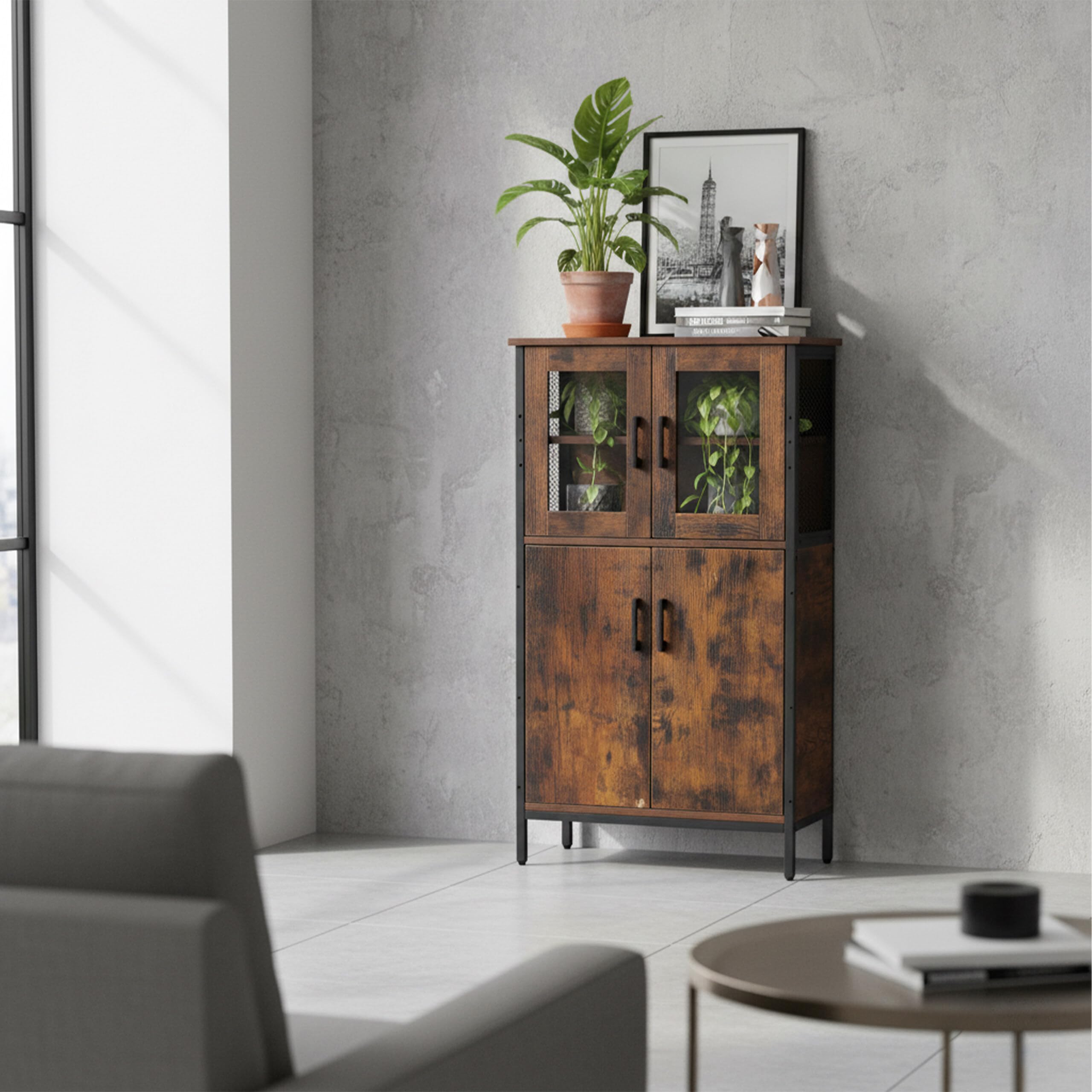 Relaxdays Armadio da Cucina Industrial, Armadio Alto con Ante in Vetro H 108x60x30 cm, vetrina Slim, Legno Marrone