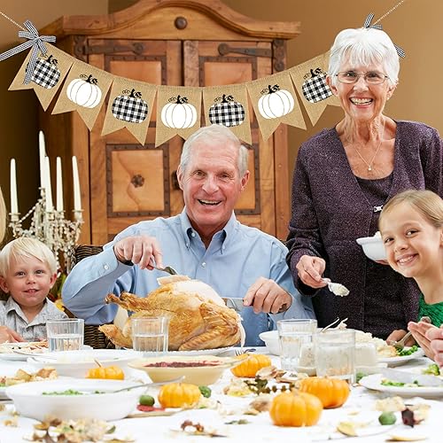 Miniatura 6 de Doumeny Pancarta de arpillera de calabaza a cuadros de búfalo, pancarta de otoño de yute de calabazas blancas, guirnalda de banderines de cosecha de