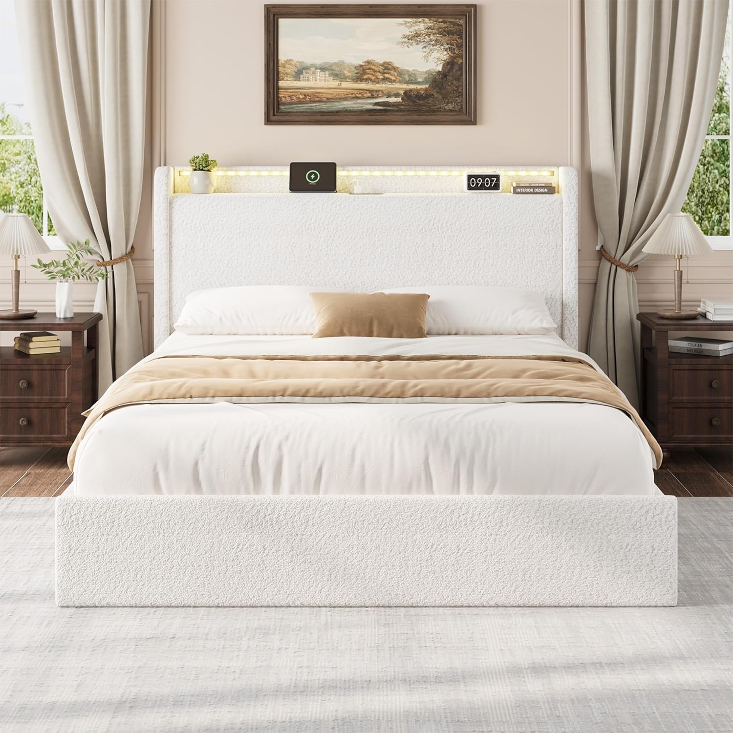 Queen Size Boucle Bed Frame with LED Light and Charging Station, 4 Storage Drawers, Storage Headboard, Upholstered Platform Queen Bed with Wooden Slats, No Box Spring Needed, Easy Assembly, White