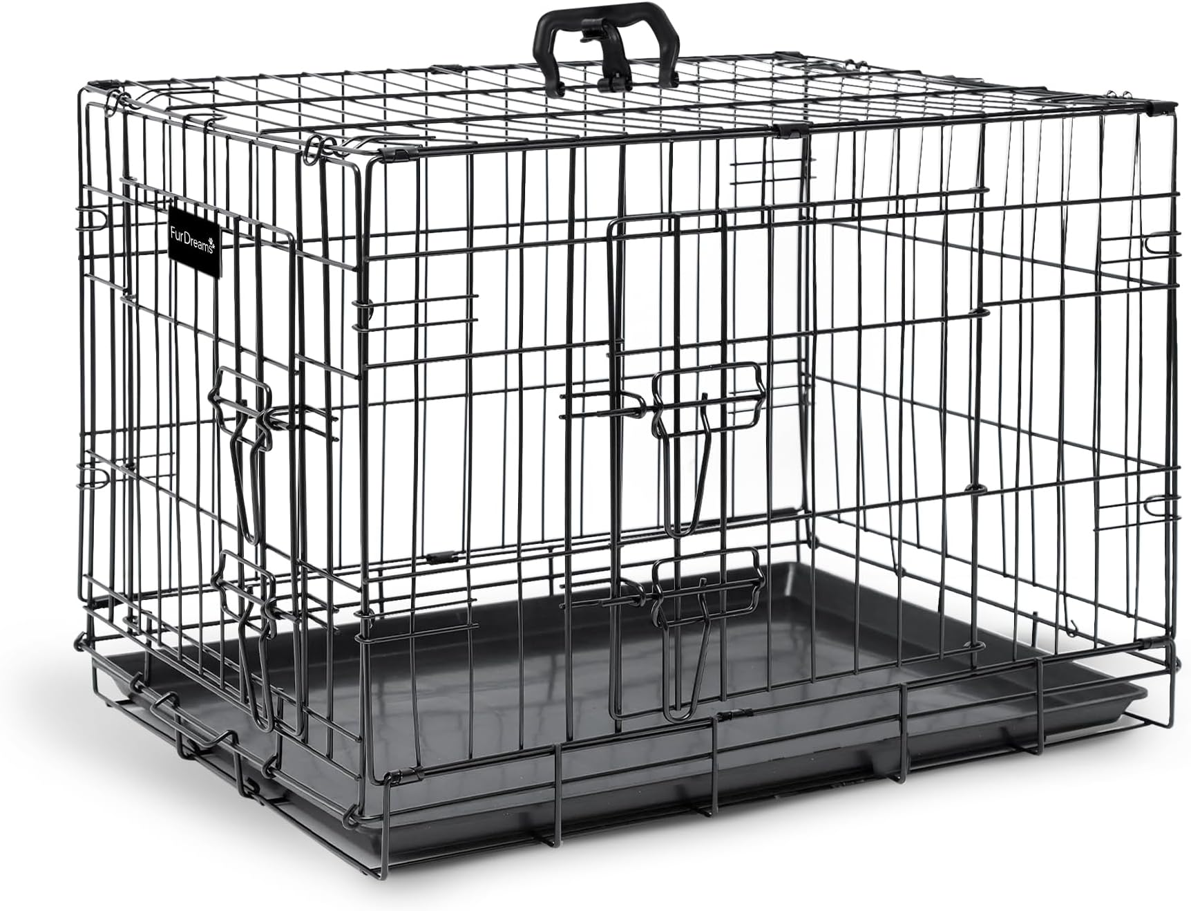 Furdreams 48-Inch Dog Cage Crate – Heavy Duty Black Metal Folding Crate with 2 Doors (Front & Side), Chew-Resistant Plastic Base Tray, and Carrier Handle – Ideal for Puppy Training (121 x 74 x 81cm)
