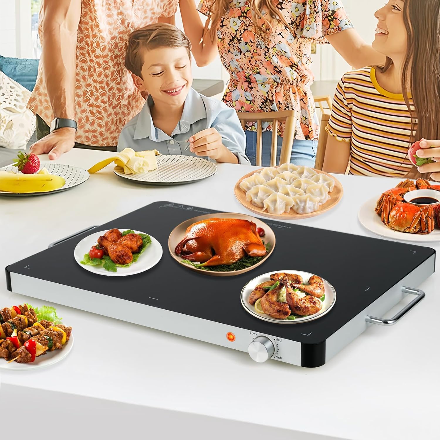 GOPLUS Elektrische Warmhalteplatte, Wärmeplatte mit 30℃-120℃ einstellbare Temperatur, Speisewärmer mit gehärteter Glas & Seitengriffe, Heizplatte Buffetwärmer für Buffets & Partys (L, 61 x 42 x 4 cm)