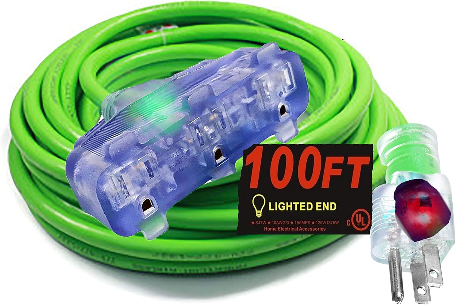 pizety 10 Gauge Triple Tap Extension Cord 100 ft Lighted Ends 10/3