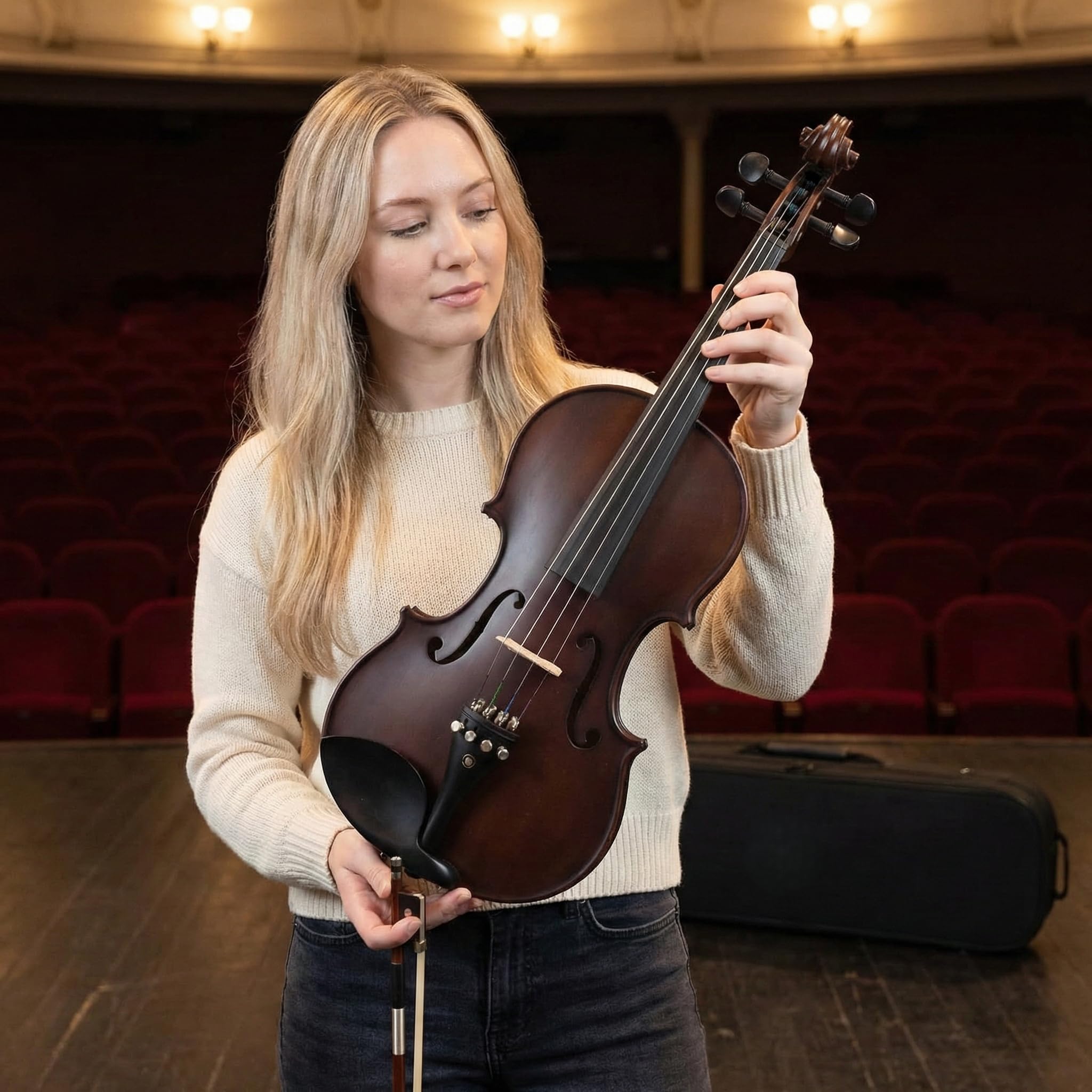 Violine 4/4, Handgefertigt aus Massiv-Fichten- & Ahornholz mit Ebenholz-Griffbrett - Komplettset mit Hartschalenkoffer, Bogen & Zubehör für Anfänger und Fortgeschrittene
