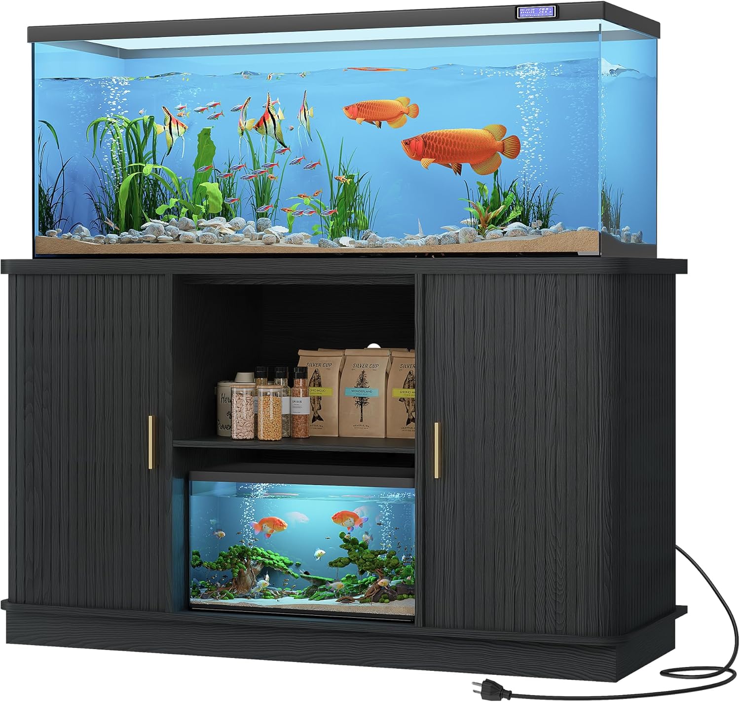 Fish Tank Stand, 75 Gallon Tank Stand with Sliding Cabinet Door, Heavy Duty Aquarium Stand with Power Outlet for Turtle Tank, Reptile Terrarium, 1000LBS Capacity (Black)