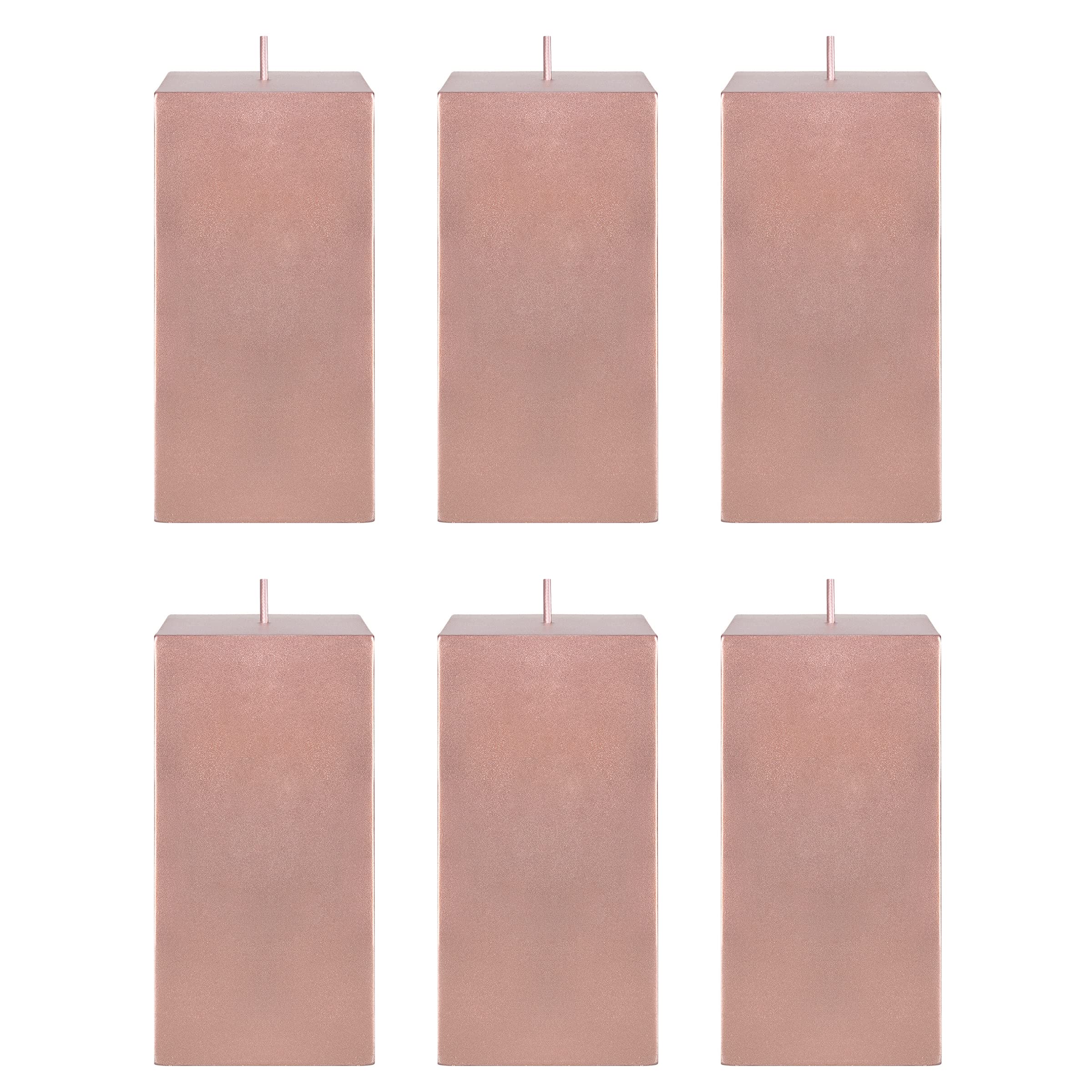 Mega Candles 6 pcs Unscented Solid Square Rose Gold Pillar Candles, Hand Poured Premium Wax Candle 3 Inch x 6 Inch, Home Décor, Wedding Centerpieces,