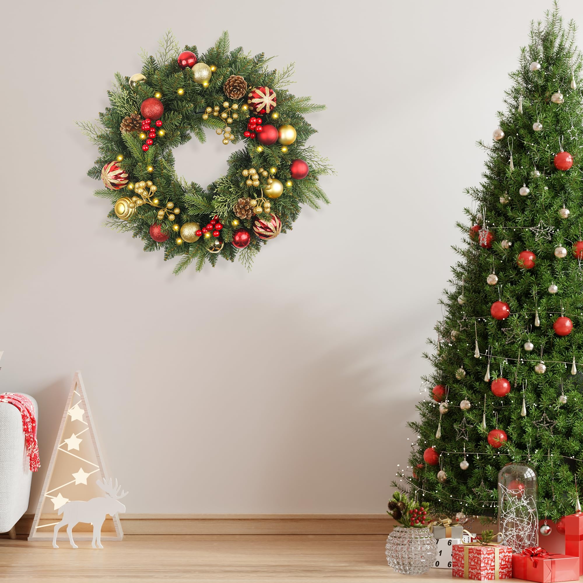 Weihnachtskranz Vorbeleuchtet 61.0 cm mit 50 Licht & Rotgold Kugel Tannenzapfen, Künstliche Weihnachtskränze für Haustür mit Lichtern, Kranz für Weihnachtsdekoration, Tür, Fenster, Wand, Grün