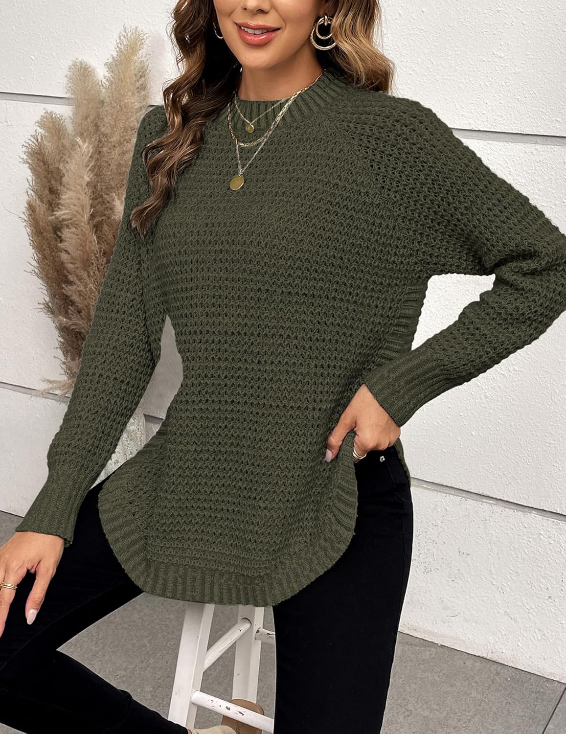 Womens Chunky Waffle Knit Sweater Fall 2025 Trendy Dressy Casual Crewneck Pullover Sweaters - Image 6