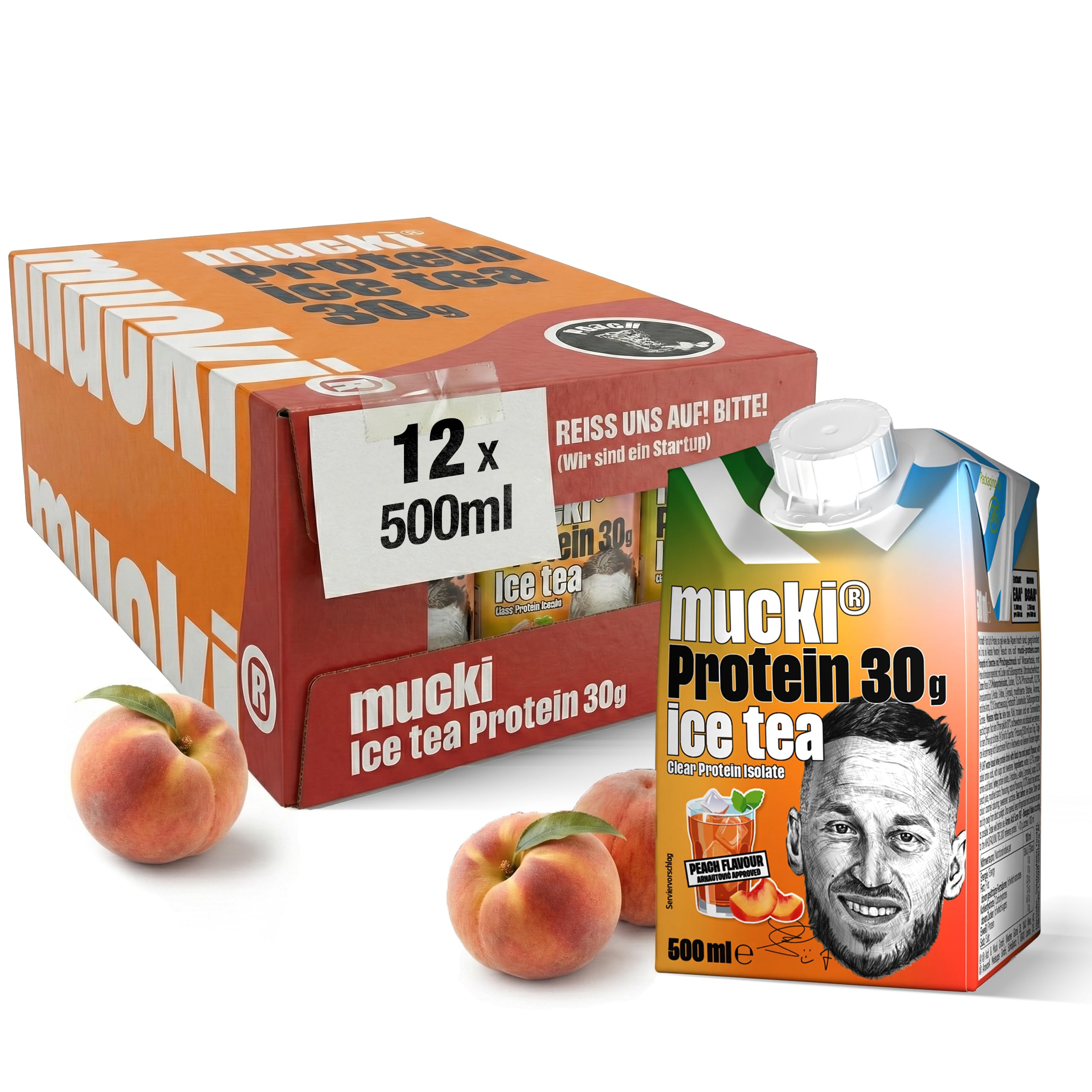 mucki PROTEIN DRINK EISTEE Pfirsich– Protein-Drink Fertig mit 30 g Protein – Zero Fat Trinkmahlzeit für Muskelaufbau & bewusste Ernährung – 12 x 500 ml Vorratspack