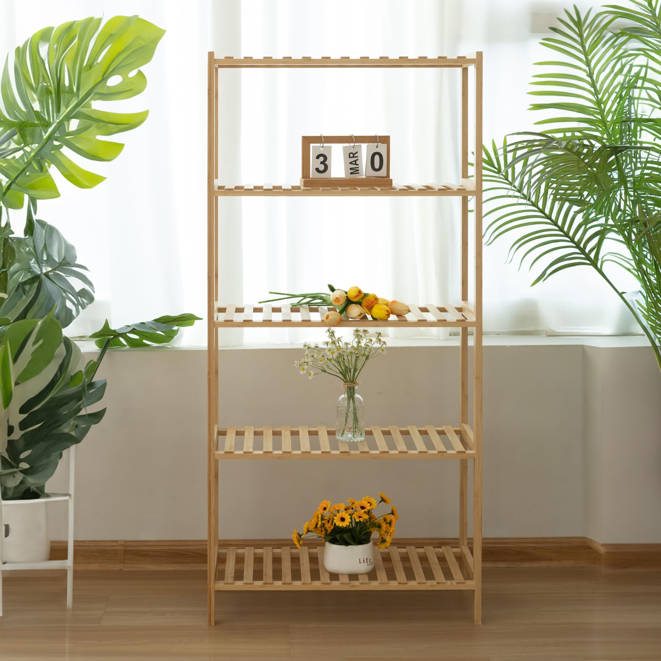 Brigros - Scaffale in Legno con Ripiani, Scaffale Salvaspazio in Bamboo con Design Moderno, Mobile Bagno in Legno di Bambu con Mensole, Mobile Cucina in bambù (Naturale, 5 Ripiani)