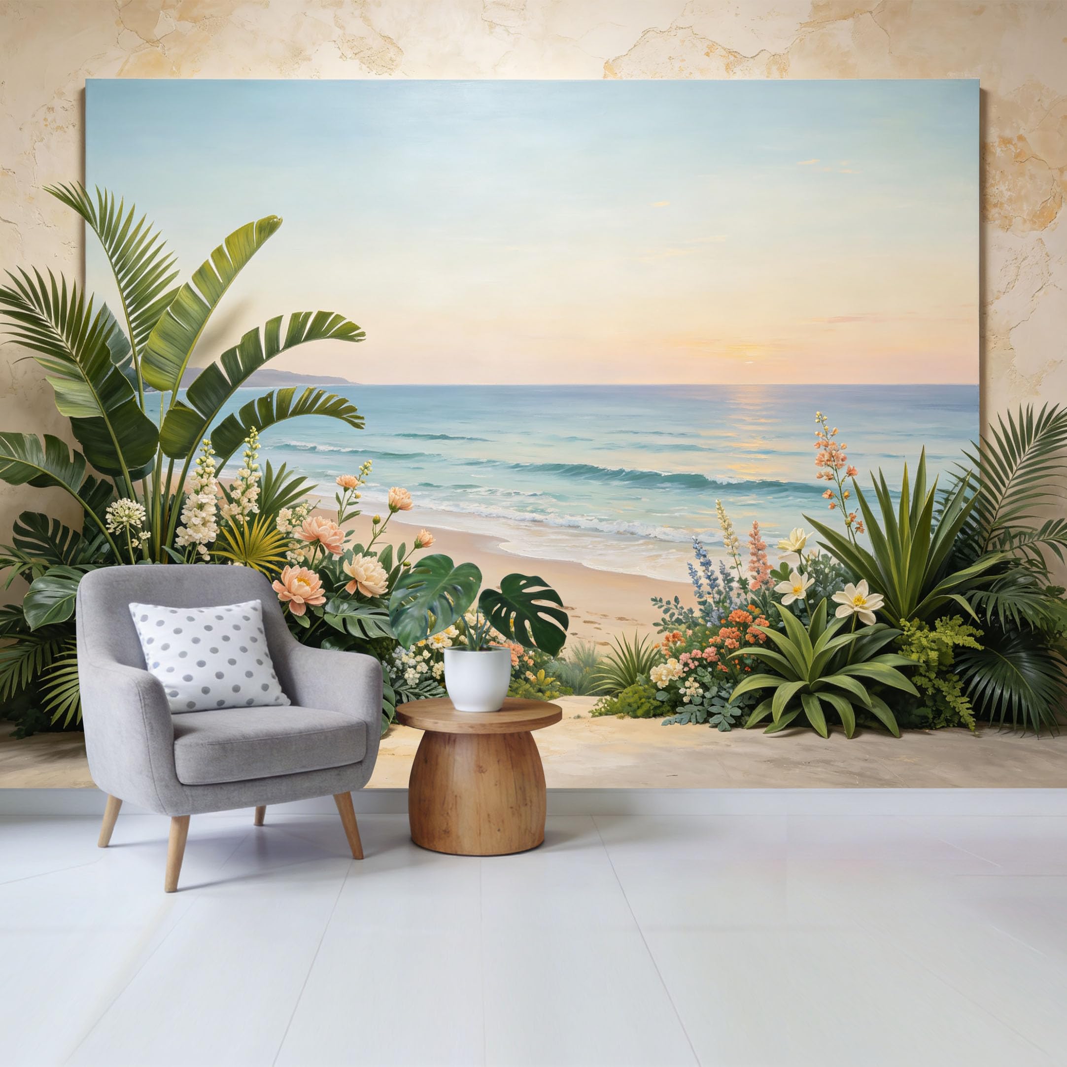 Qzlithotic Yq2605251000 Custom Size Wall Mural Tropical Beach Coastal Sunset Botanical Oil Painting Selfadhesive Wall Fabric Removable Wallpaper For Home Office Decor