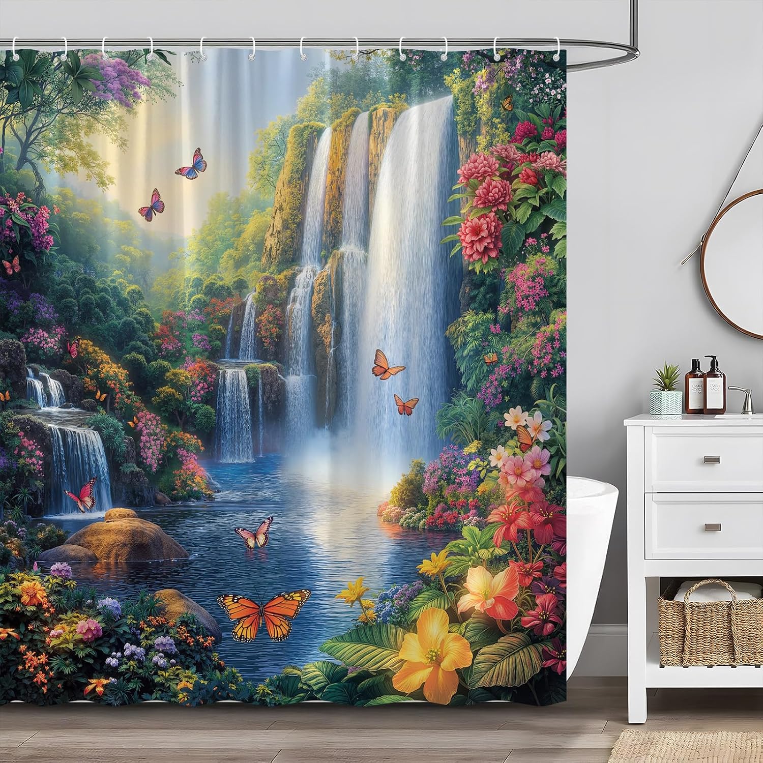Waterfall Shower Curtain Fantasy Forest Floral Butterfly Tropical Nature Jungle Lake Spring Garden Fairy Landscape Bathroom Decor Set with Hooks