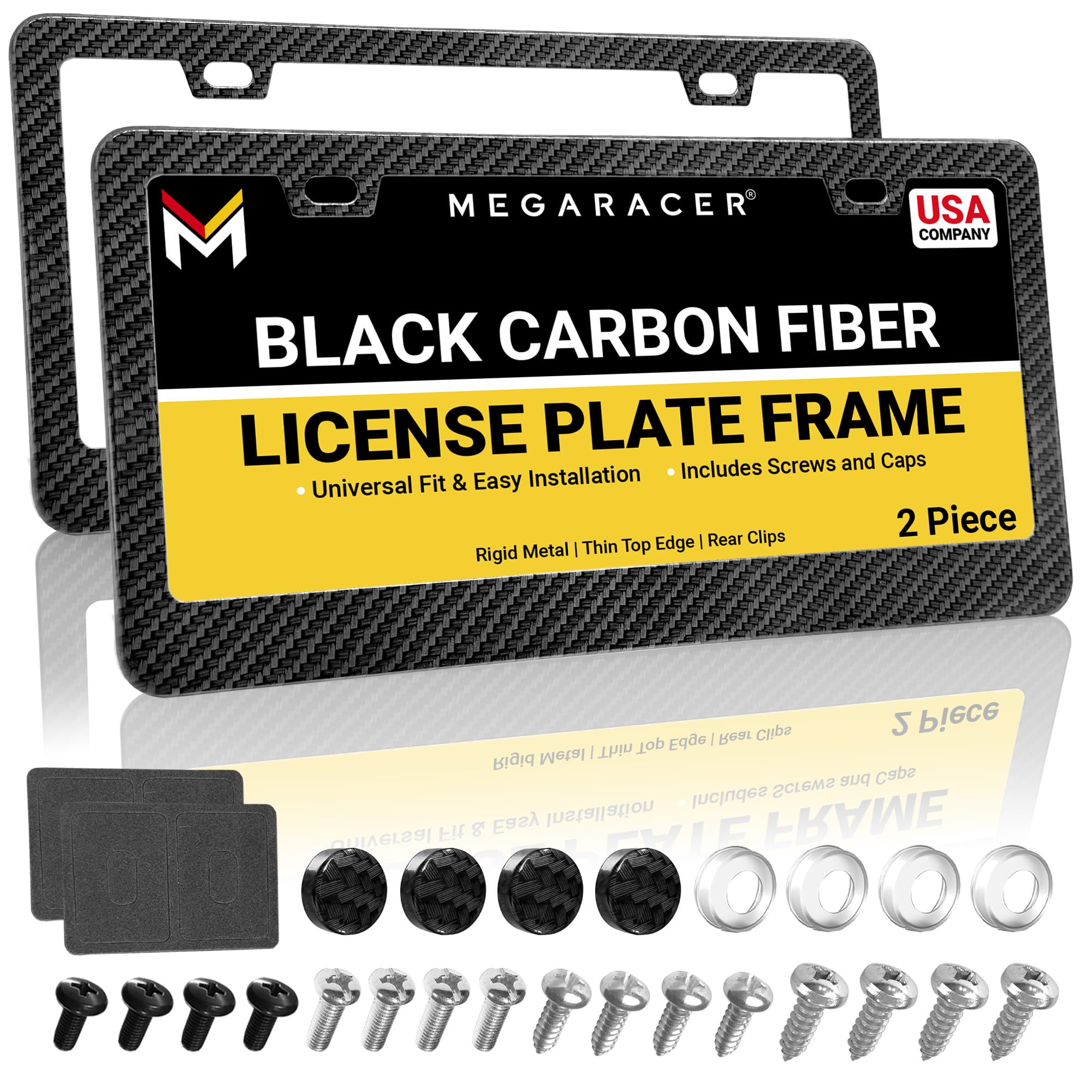 Premium Carbon Fiber Design License Plate Frames – 2 Pack, Rust-Free Stainless Steel, Rattle-Free, Universal with Screw Caps, Slim-Top, Thin Rigid Metal Car Tag Holders, Front & Rear - Cool for Men