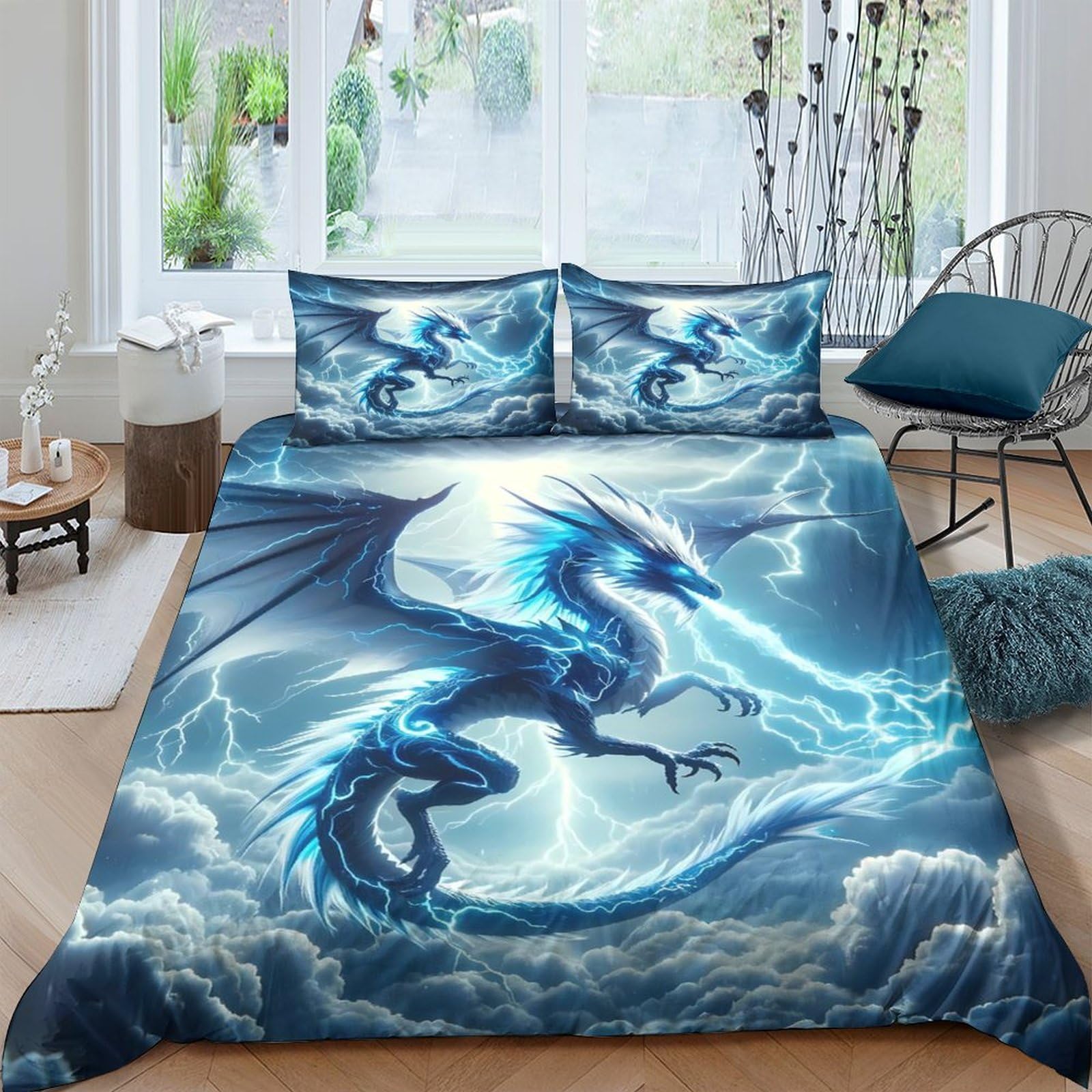 Ctjqhvkz Style-8 3D Printed Lightning Blue Dragon Fitted Sheet Microfiber Soft Breathable Storm Cloud Bed Cover For Bedroom Dorm Decor Single（135X200cm）