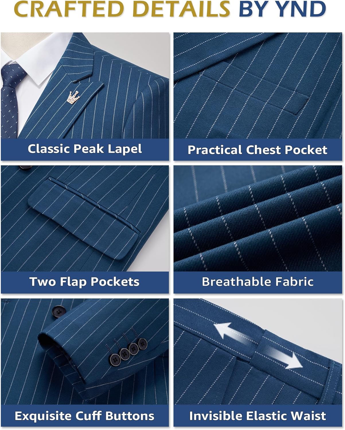 YND Men's 2 Piece Double-Breasted Suit, Slim Fit Stripe Tuxedo Set with Tie, Party Wedding Dress Blazer, Tux and Trousers - Image 4