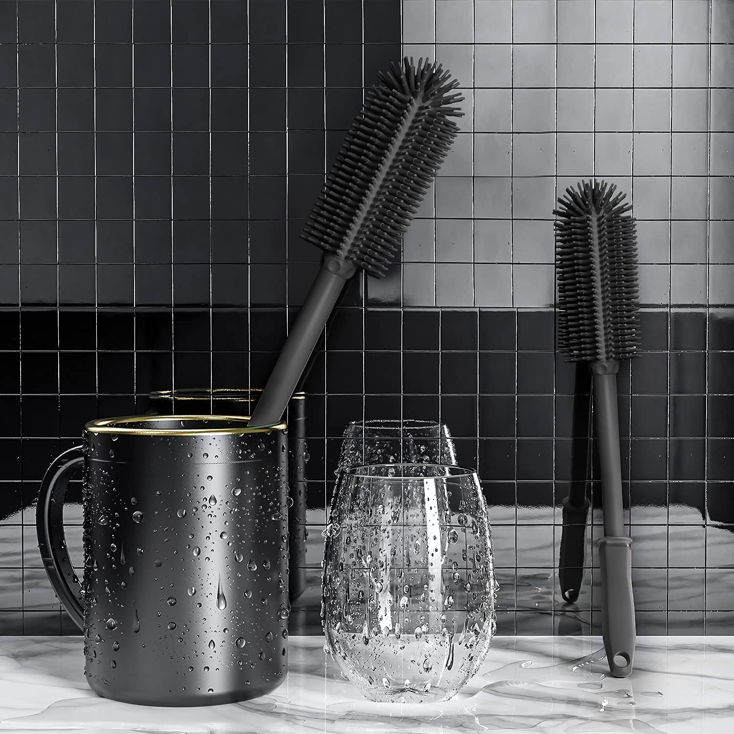 Cepillo de limpieza largo de silicona para botellas | Paquete de 2 | Cepillo limpiador de botellas de agua de 16 pulgadas + 13 pulgadas para Hydro Flask, cristalería, botellas deportivas al