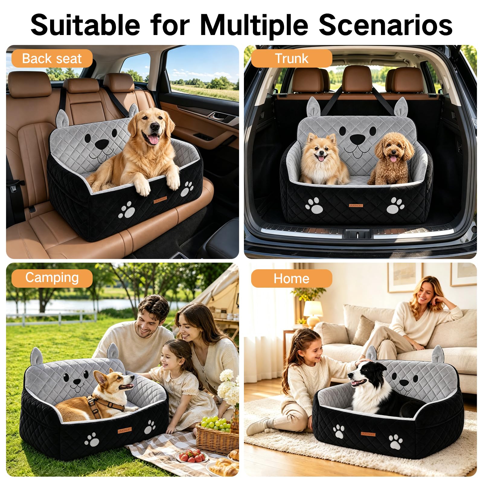 Siège Auto Grand Chien Jusqu’à 25 kg ou 2 Petits Chiens | Mousse Haute Densité, Peluche Ultra-Douce, Housse Amovible Lavable, 2 Sangles de Sécurité et Poches, pour Banquette Arrière