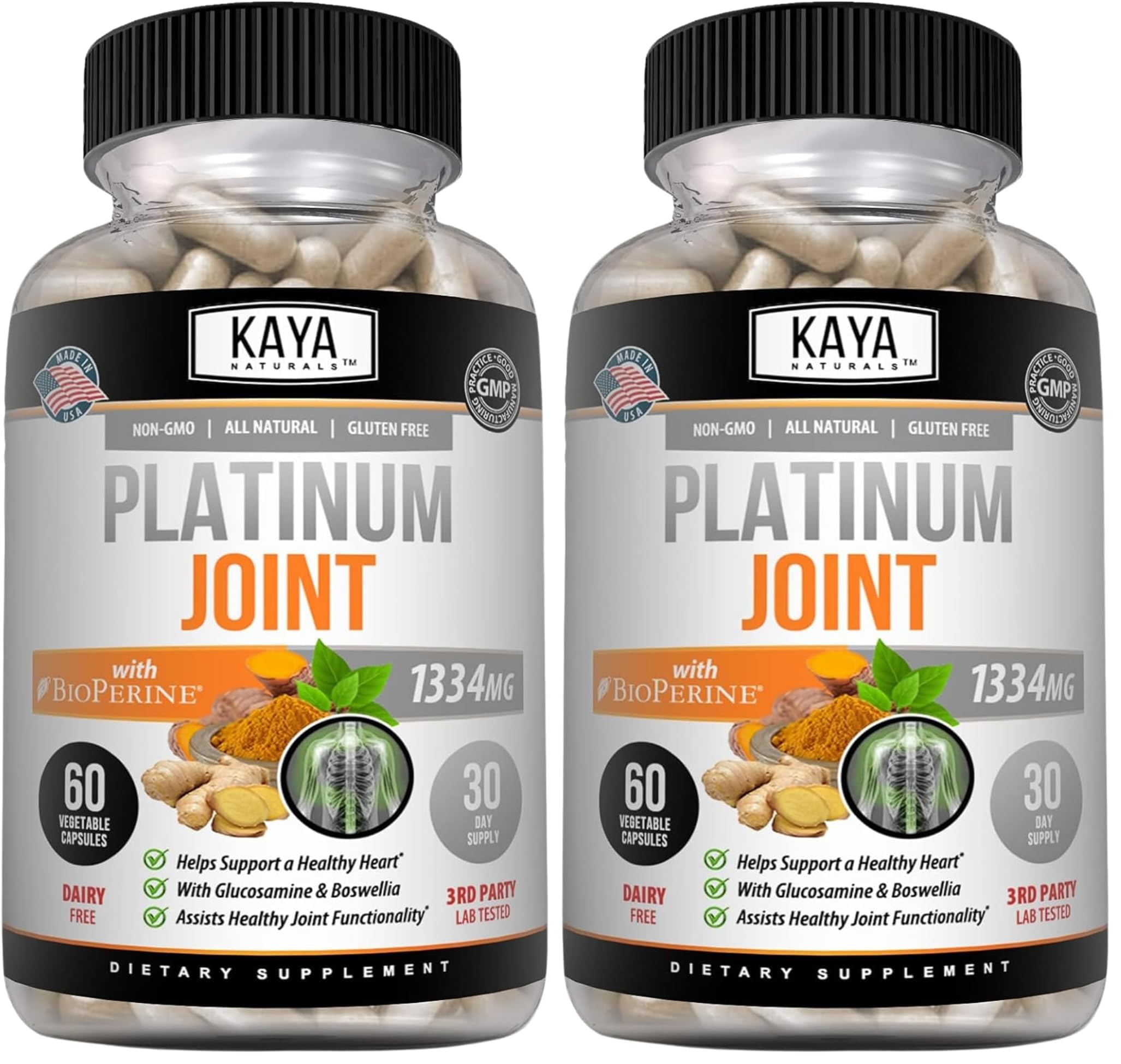 Kaya Naturals Platinum - Nature Made Bioperine, Glucosamine, Turmeric with Boswellia, Healthy Antioxidant Properties, Turmeric Curcumin 1334mg - 60 Capsules (Pack of 2) 60 Count (Pack of 2)