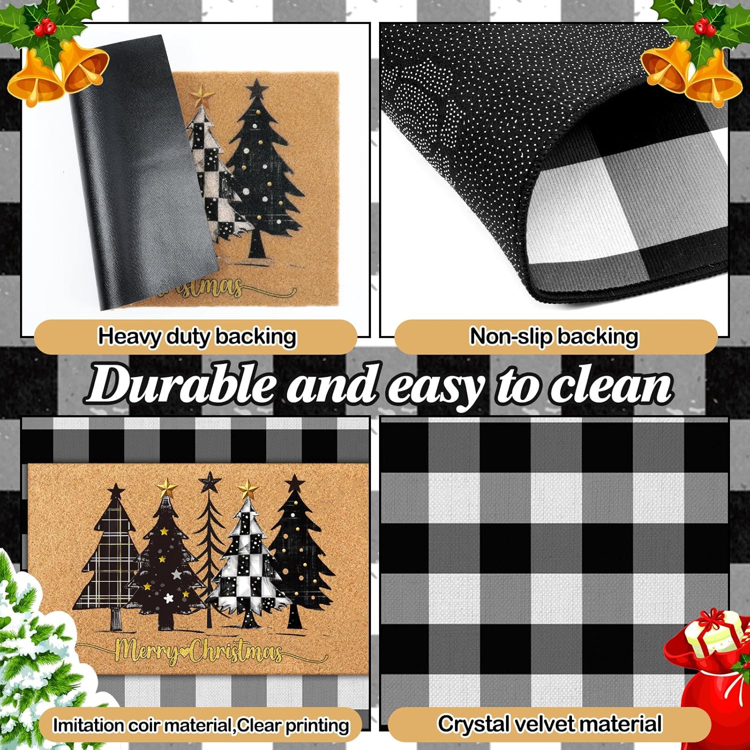 Fourluoo 2 Pcs Christmas Front Porch Rug Buffalo Plaid Christmas Door Mat Imitation Coco Coir Black White Xmas Tree Welcome Layering Rug for Outdoor Winter Home Festival Holiday Decor, 28 x 43 Inch