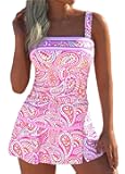 Womens Tummy Control Tankini Bathing Suits, Two Piece Ruched Swimsuits, Floral Print Swimdress with Skirt