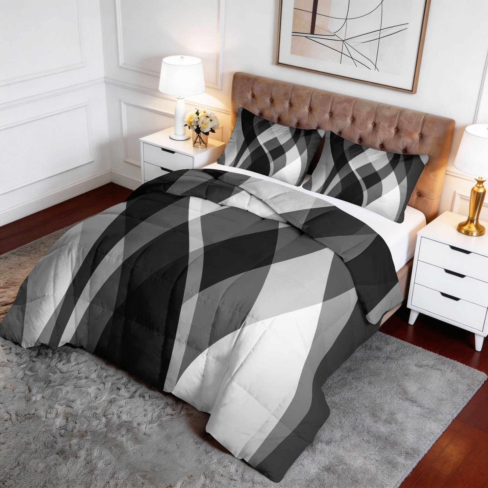 Podwójna kołdra bez pokrowca 200 x 200 cm, 7,5 Tog, abstrakcyjna, geometryczna, czarno-białe linie, dwustronna, pikowana pościel z 2 poszewkami na poduszki, lekki kolor, miękka i oddychająca, można