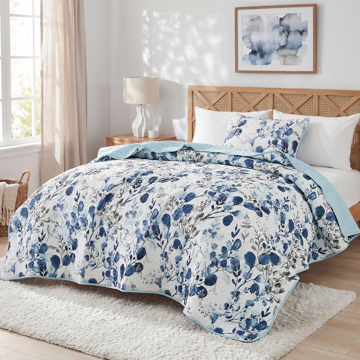 Quilt Set Quilted Bedspread Reversible Lightweight Floral Printed Oversized Quilted Bedding Set with Shams 2pc, Twin Size, Navy Blue