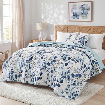 Quilt Set Quilted Bedspread Reversible Lightweight Floral Printed Oversized Quilted Bedding Set with Shams 2pc, Twin Size, Navy Blue