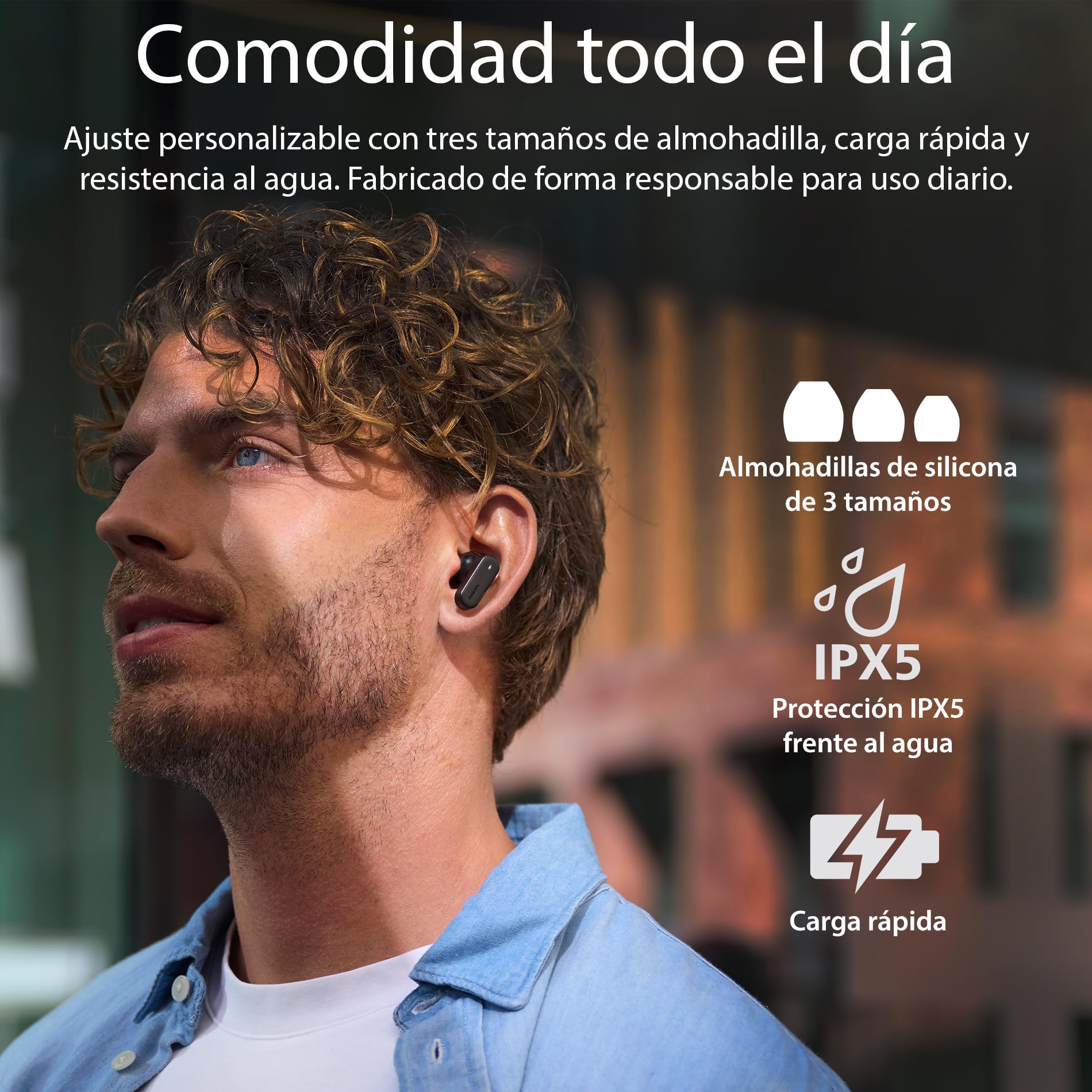 Philips TAT6100BK - Auriculares inalámbricos con Funda de Carga Inteligente, cancelación de Ruido, 4 micrófonos, Graves dinámicos, Tiempo de reproducción de 28 Horas, Bluetooth 5.4, IPX5, Controles