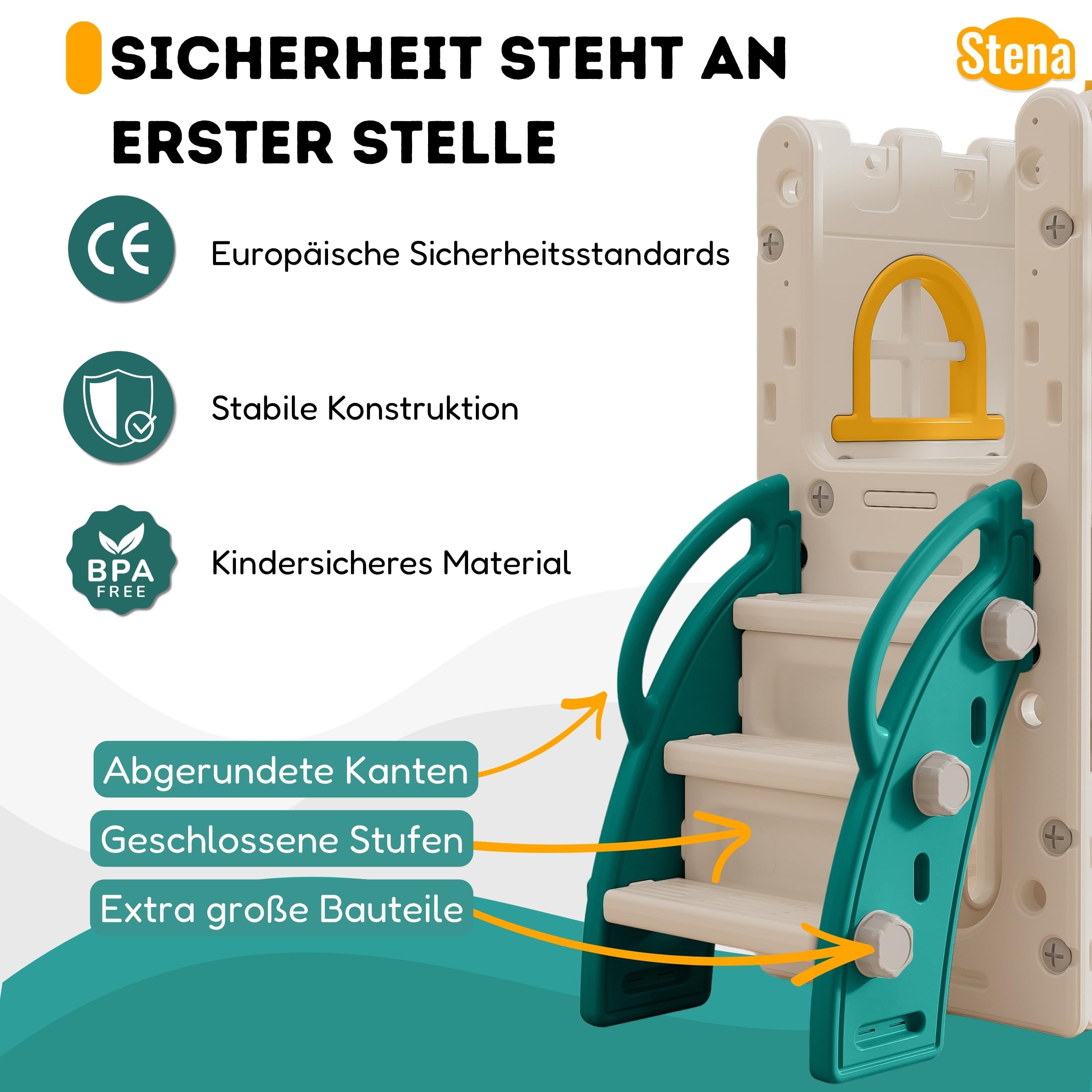 Stena Spielhaus mit Rutsche und Brücke - Basketballkorb, Ball & Spielzeug-Teleskop - Indoor & Outdoor - Spielturm - Klettergerüst für Kleinkinder