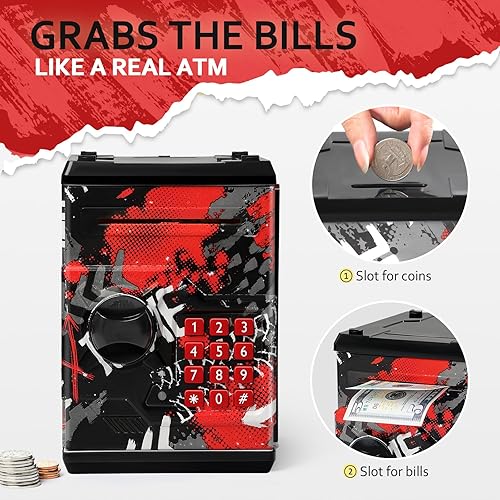 Miniatura 31 de ATM Piggy Bank for Boys Girls, Vcertcpl Mini ATM Coin Bank Money Saving Box with Password, Kids Safe Money Jar for Adults with Auto Grab Bill Slot