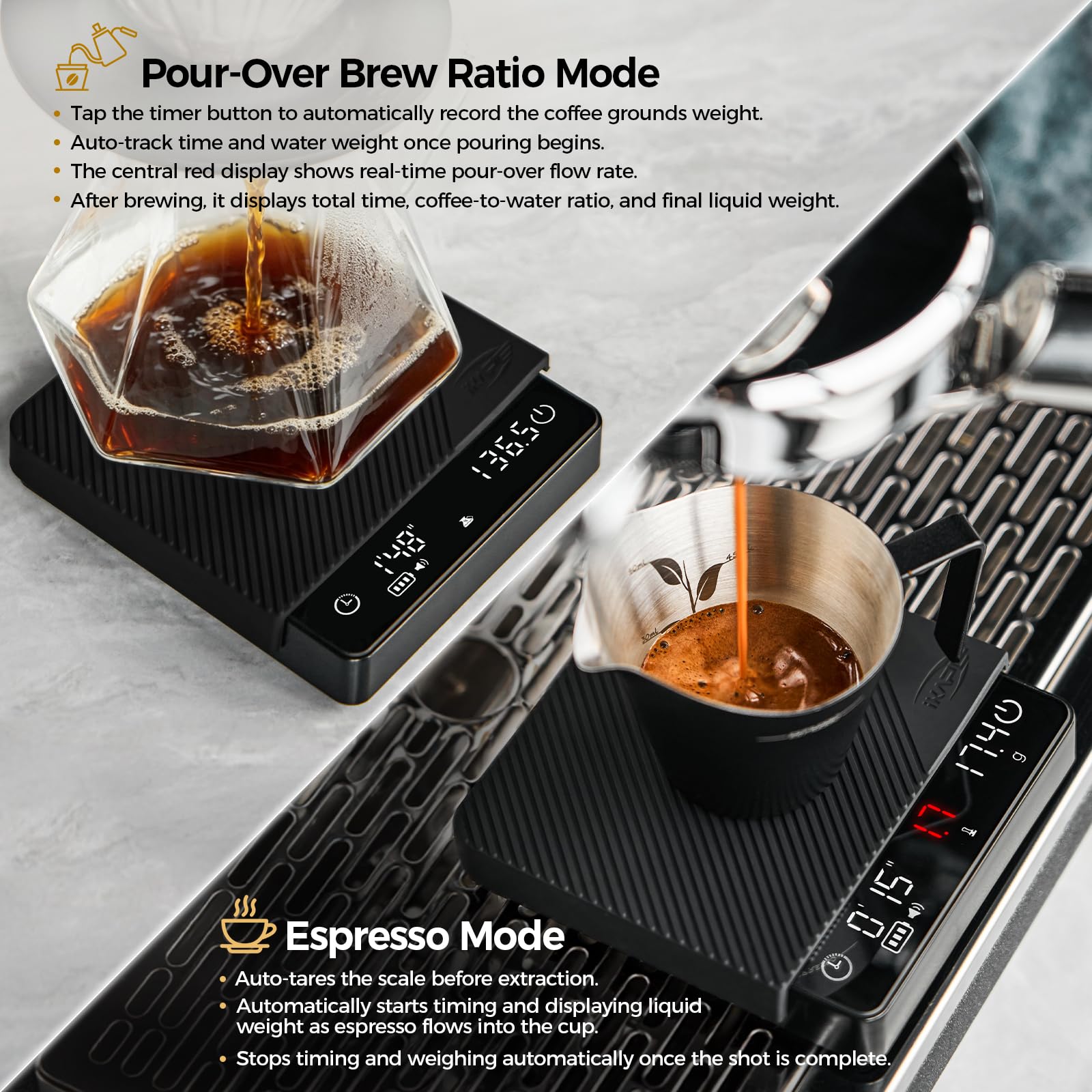 IKAPE Espresso-Kaffeewaage mit Timer, 2 kg/0,1 g, hochpräzise Digitalwaage mit Silikonmatte, 4 Modi in einem, LED-Display, Auto-Tare, für Küche, Kochen, Espresso, Übergießen von Kaffee