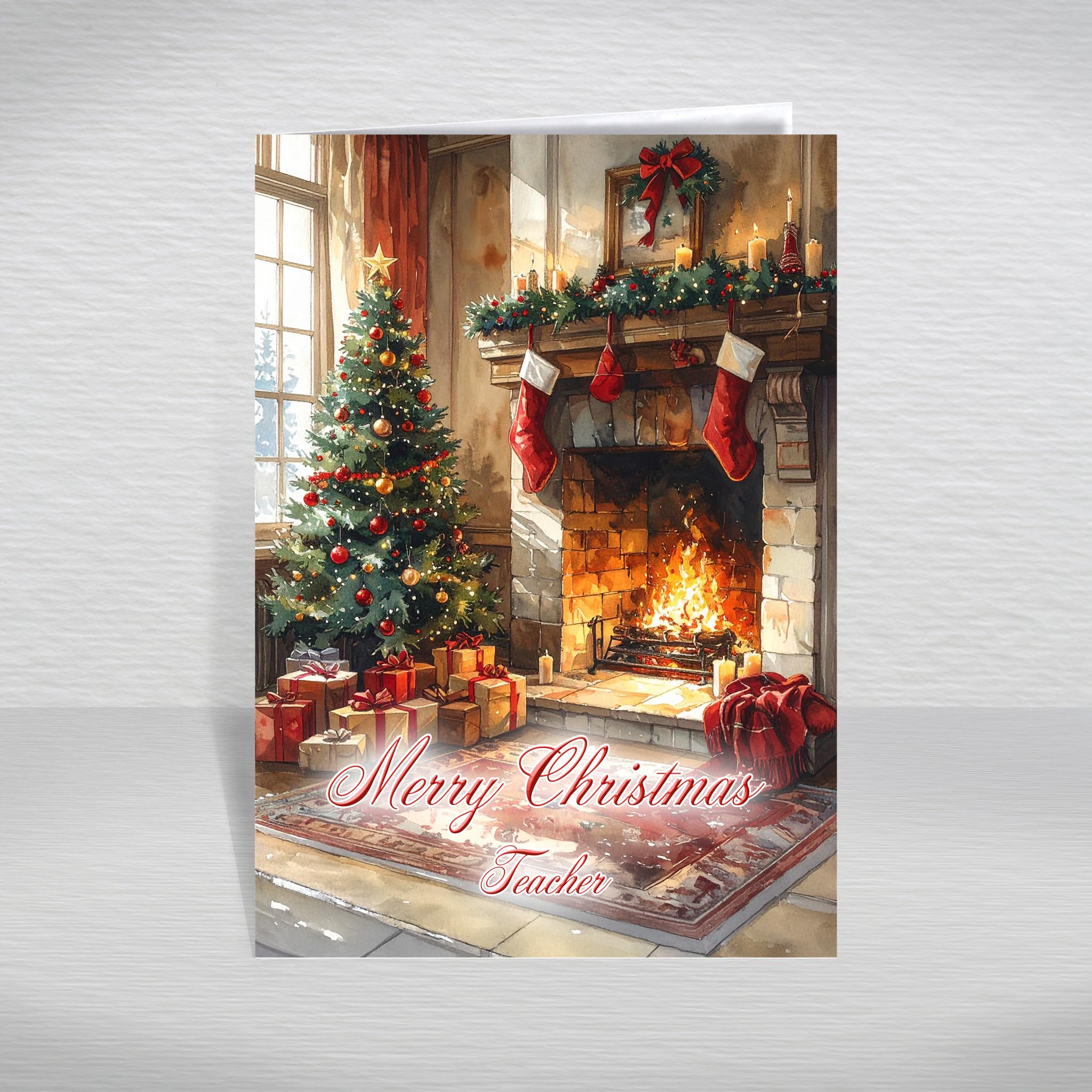 Christmas Card for Teacher, Tutor – Gifts Beneath the Tree & Cosy Fireplace Scene, A5 Traditional Greeting Card with a Special Verse Inside: Teacher Christmas Card