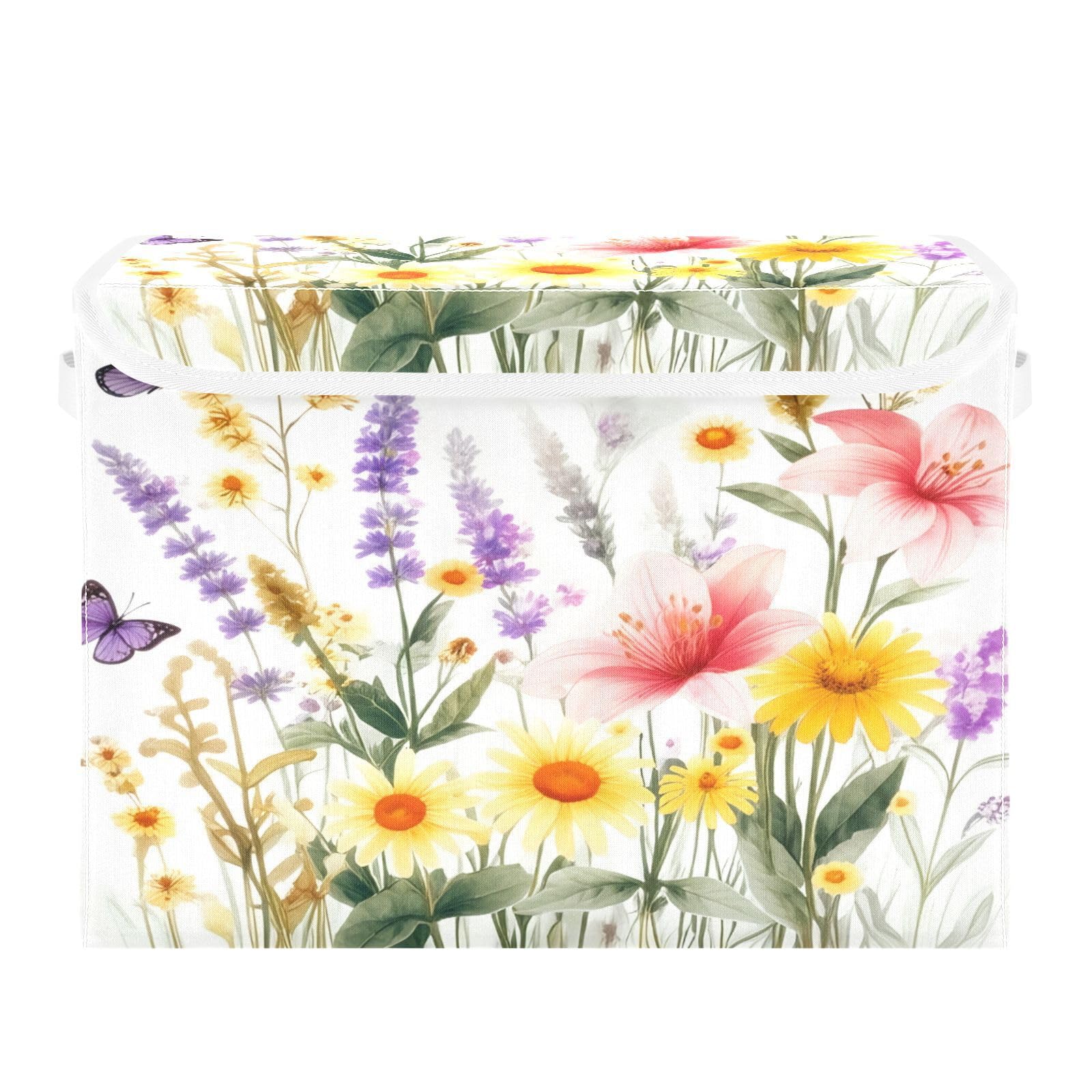 Ewusp Wildflower Fabric Storage Bin with Lid, Decorative Foldable Storage Basket with Handles, Stackable Closet Shelf Organiser Box for Clothes, Books, Bedroom, Living Room