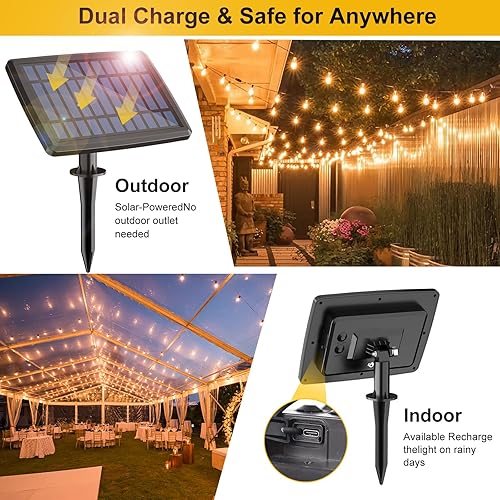 Miniatura 6 de Tira de luces solares de 50 pies para exteriores con 4 modos, luz solar para patio exterior, 25+2 bombillas mejoradas, control remoto y puerto USB,