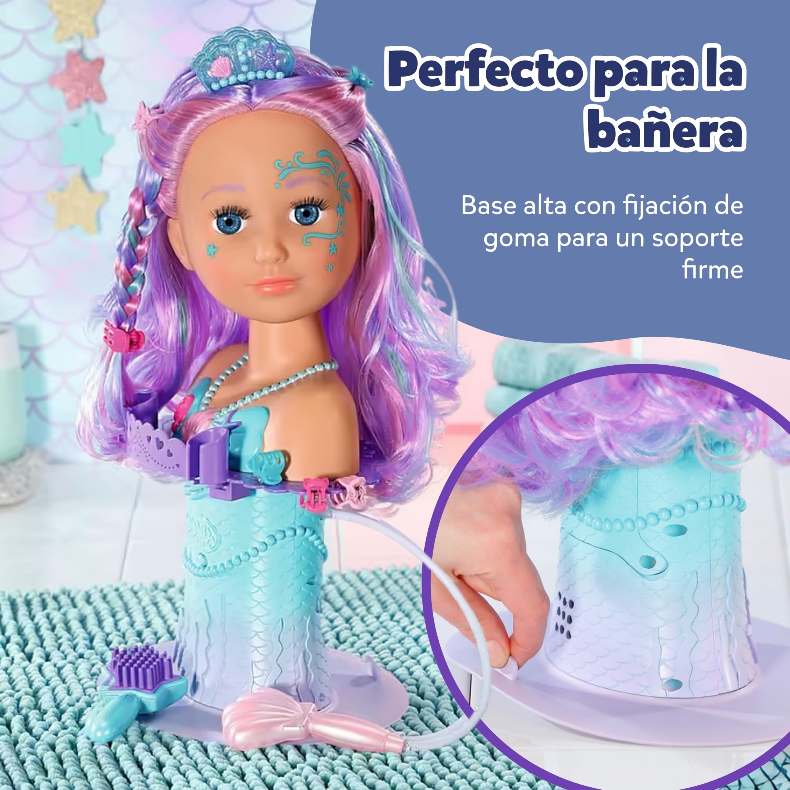 Baby Born Cabeza de Sirena – Cabeza giratoria con función de Agua, Apta para la bañera - Incluye Cepillo, Diadema y Accesorios - Desde 3 años
