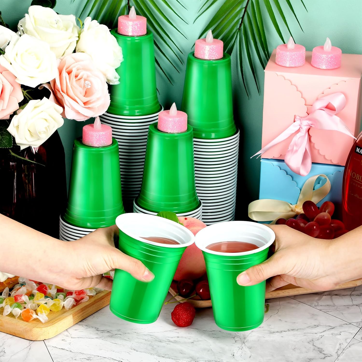 Sabary 100 Pack 12oz Valentine Plastic Cups St. Patricks Day Heavy Duty Drinking Disposable Cups with Lines for Beverage Holiday Camping Barbecues Birthday Party Outdoor Picnic(Green and White) - Image 7