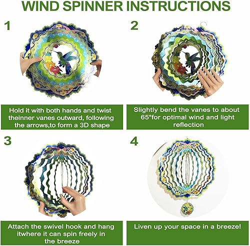 Miniatura 5 de Molinillos de viento colgantes de colibrí, molinillo de viento 3D, escultura de viento de metal de 12 pulgadas, atrapa viento de acero inoxidable