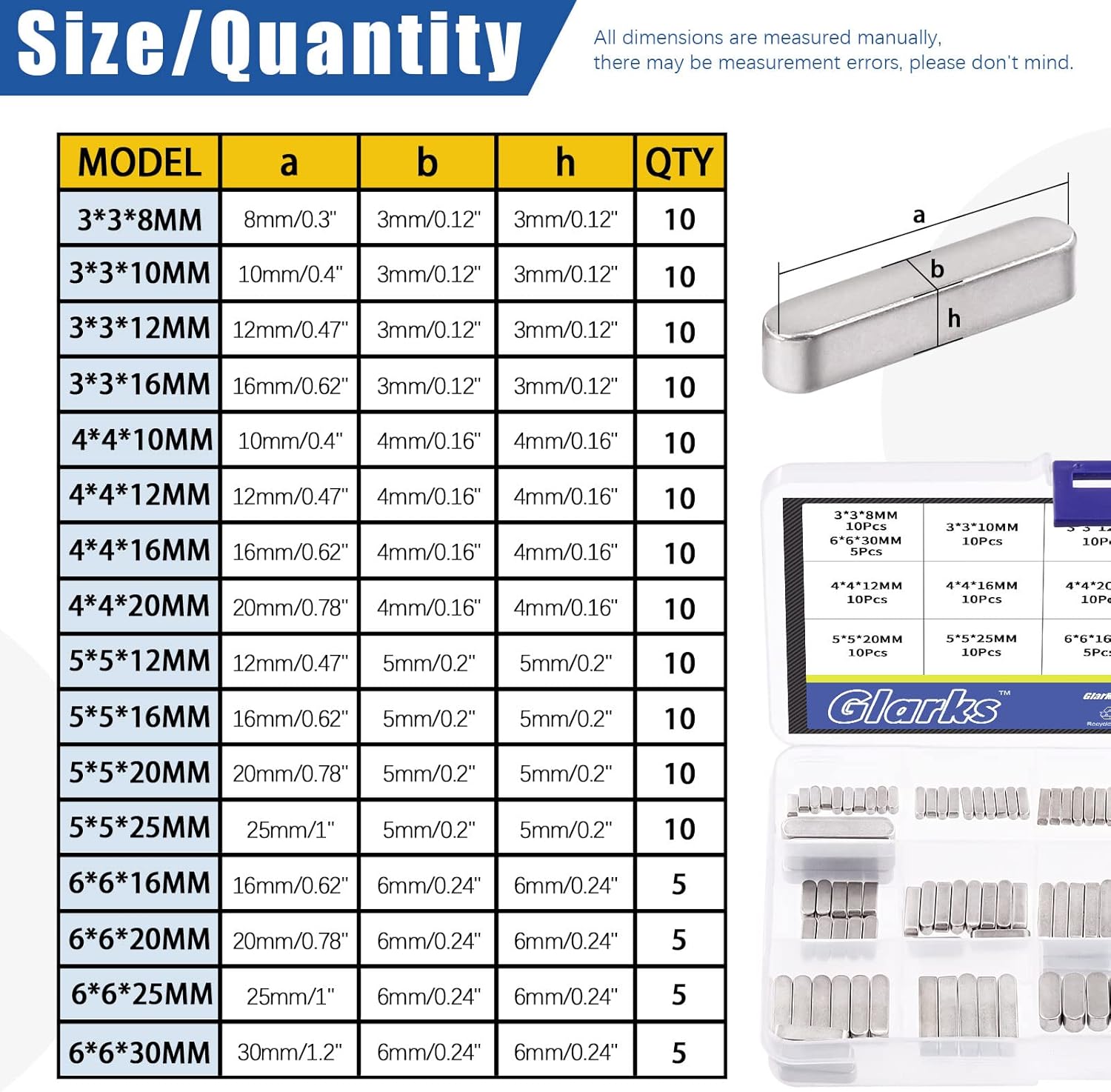 Glarks 140Pcs 8mm 10mm 12mm 16mm 20mm 25mm 30mm Key Stock Keystock Assortment kit, 16 Sizes 304 Stainless Steel Smooth Round Ended Feather Key Parallel Drive Shaft Keys Set