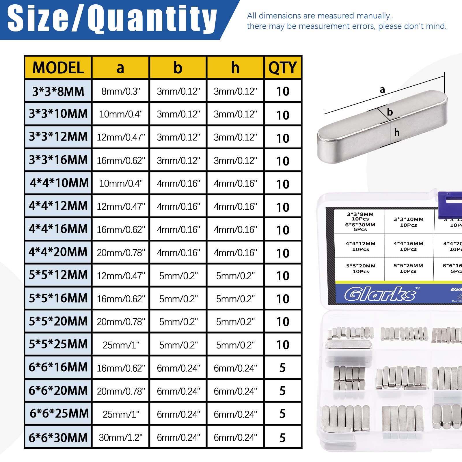 Glarks 140Pcs 8mm 10mm 12mm 16mm 20mm 25mm 30mm Key Stock Keystock Assortment kit - Image 2