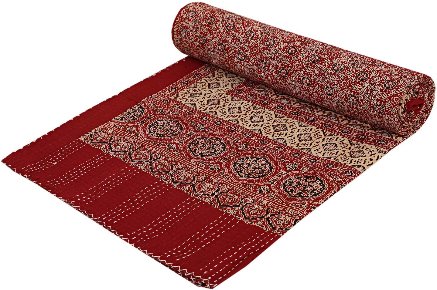Twin Kantha Reversible Bedding Bedspread Throw Cotton Kantha Bedspread Hippie Green Hand Stitched Red Ajrakh Bedding Quilts