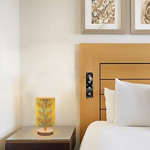 Miniatura 5 de Lámpara de noche para dormitorio, patrón de plumas sin costuras, fondo dorado, lámpara de mesa de lino, lámpara de mesa regulable con base de madera