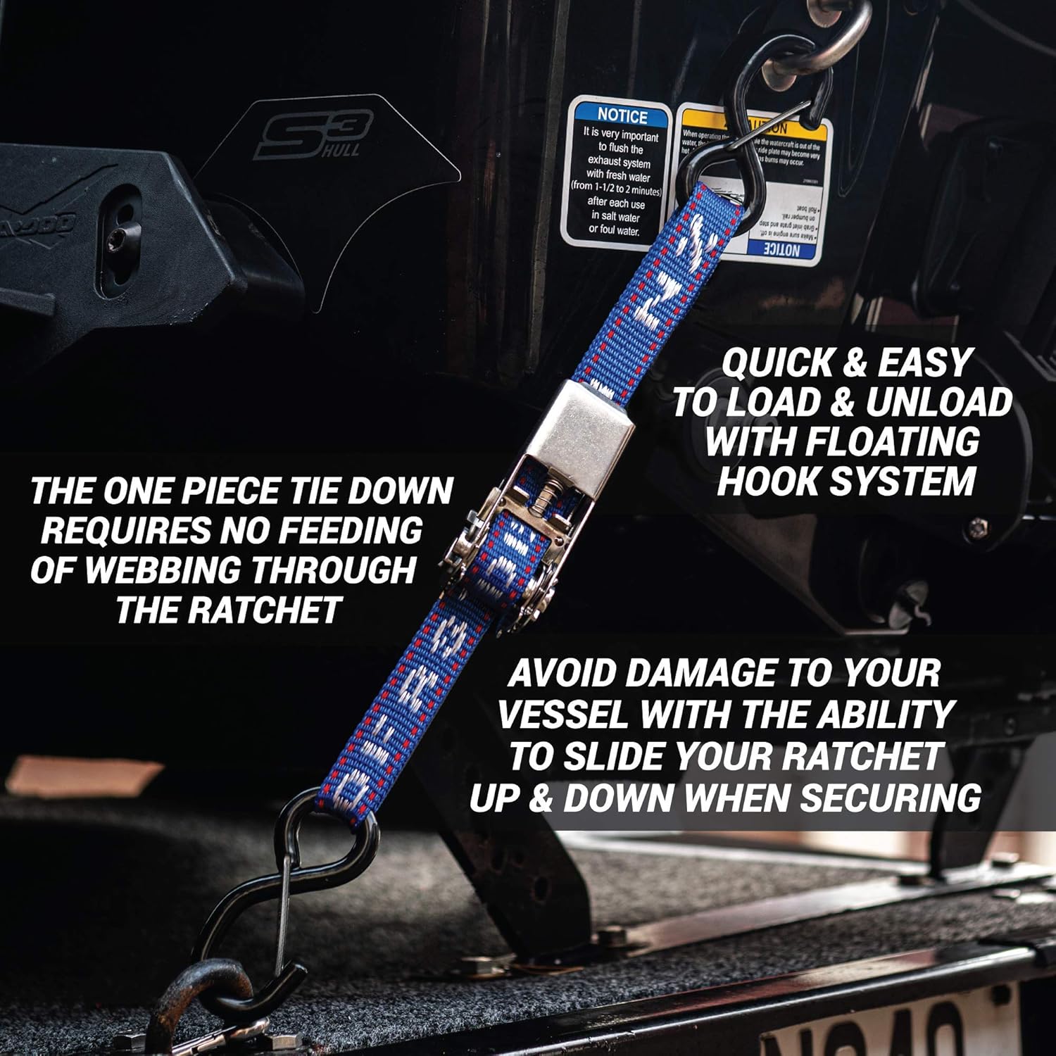 Rear Transom STAINLESS STEEL Ratchet Strap Tie Downs, Made in NZ - 1" x 2.5’ Heavy Duty Endless Tiedown with Floating PVC Hooks For Trailered Boats, & Jetskis - 2,400lbs Break Strength - Pack of 2 : Everything Else