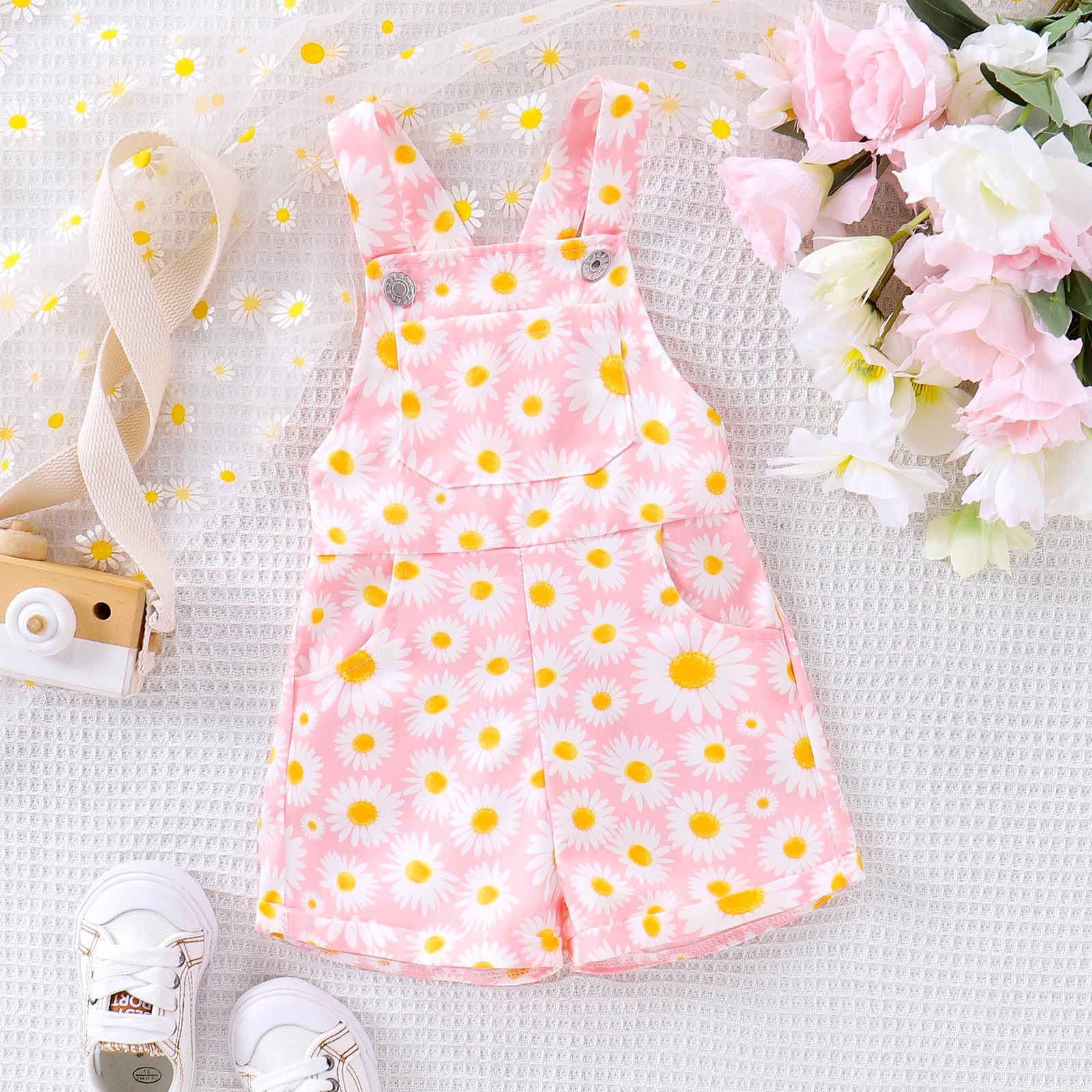 Toddler Baby Girls Boys Overalls Shorts Sleeveless Jumpsuit Suspender Romper Shortall Cute Summer Fall Clothes (Pink Daisy, 6-12 Months)