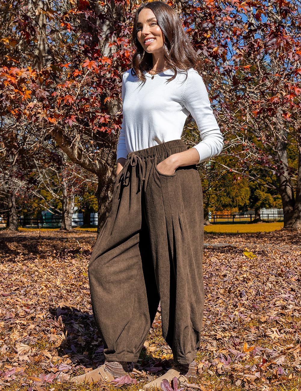 TARSE Womens Baggy Wide Leg Pants Corduroy Casual Drawstring Waist Palazzo Harem Pants with Pockets - Image 4