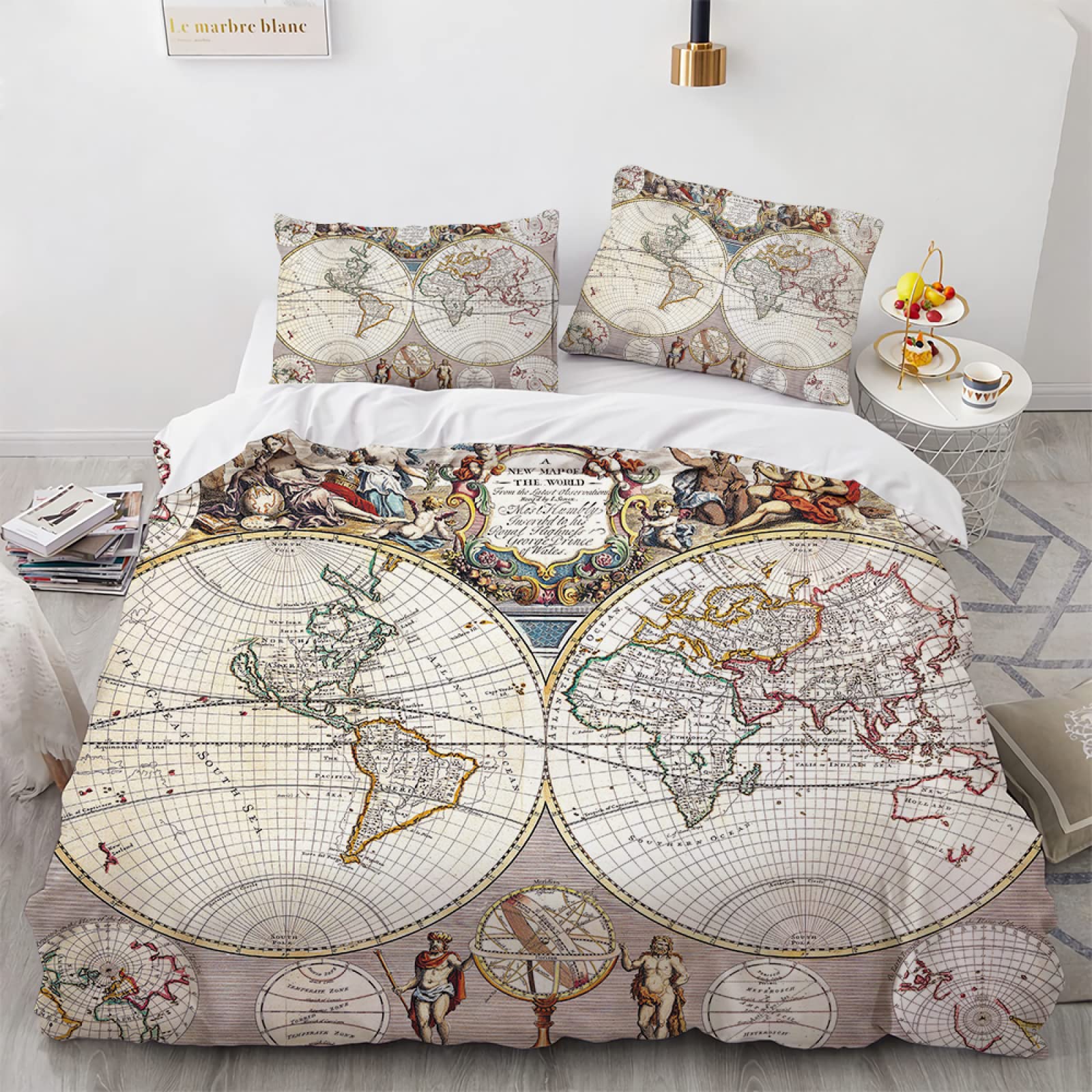 Housse De Couette Enfant/ado 140x200 Cm Motif Carte Du Monde Rétro 3D - Parure 3 Pièces Polyester/coton