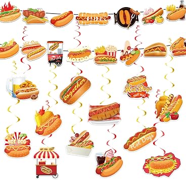 Hot Dog Birthday Party Decorations Includes Fast Food Hot Dog Banner Hot Dog Hanging Swirls for Hot Dog Birthday Party Supplies Baby Shower Decorations