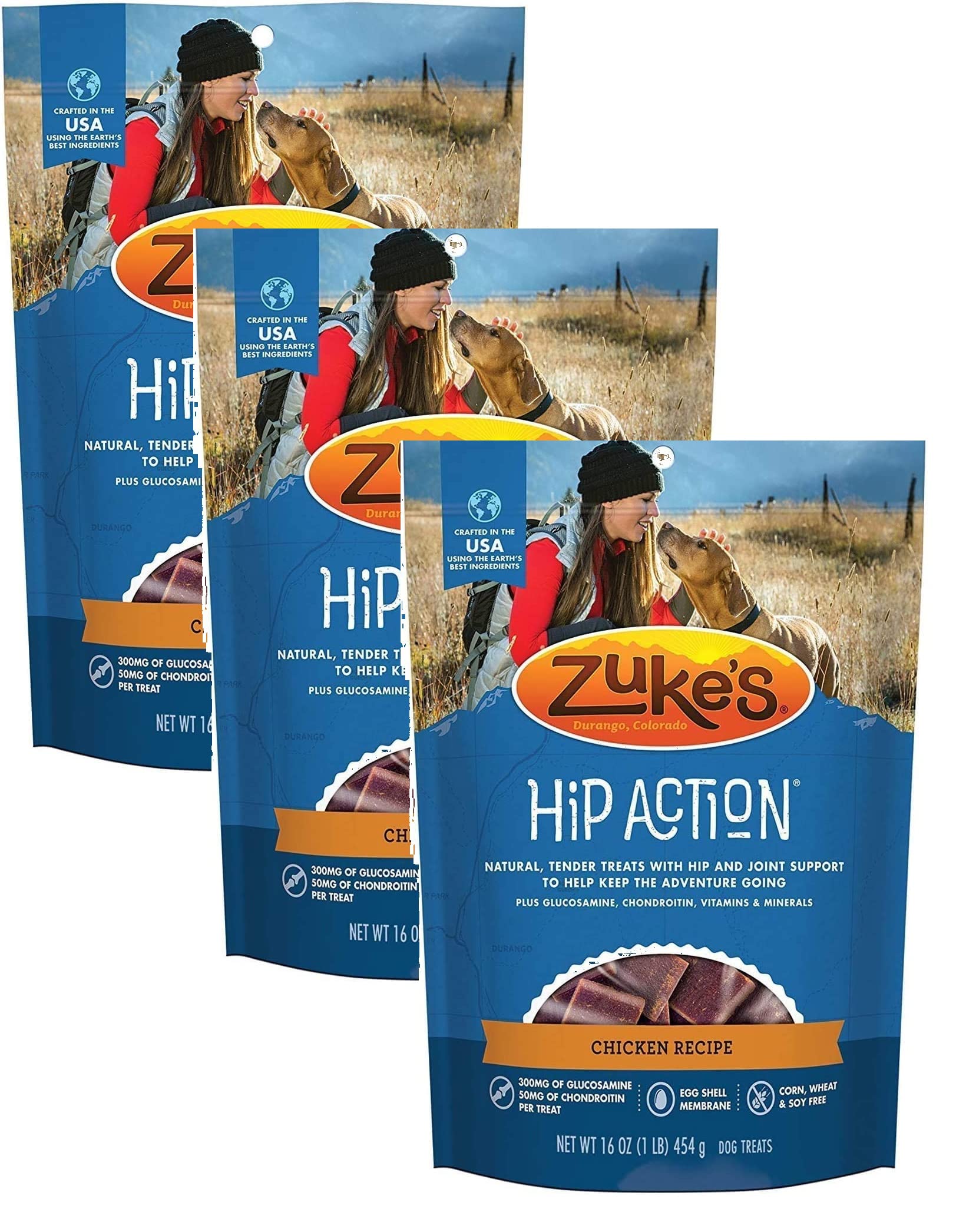(3 Pack) Zuke Hip Action Hip & Joint Support Treats for Dogs Chicken Recipe16 oz